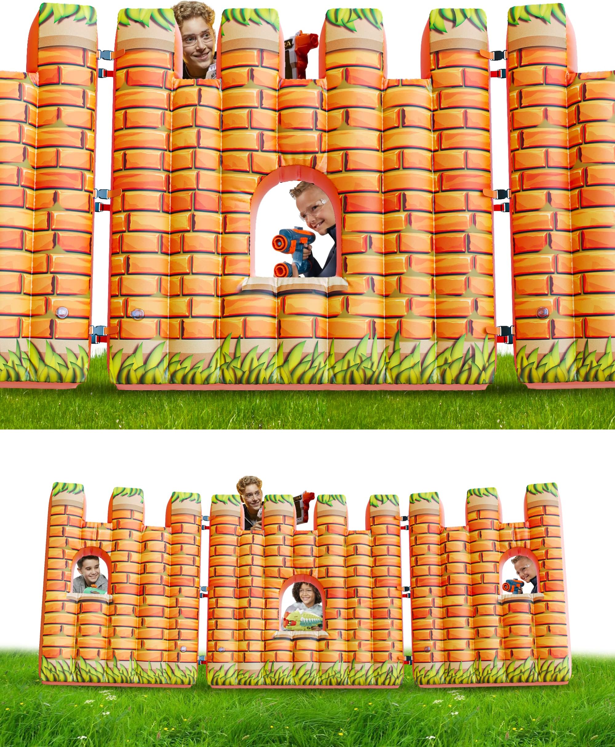 Skywin-Inflatable Obstacles Castle Walls for Kids, 4 x 12 ft Nerf Inflatable Barriers, Windowed Walls for Laser Tag, Easy Setup Nerf Bunkers Inflatable Battle Fort with Repair Patch & Ground Stakes