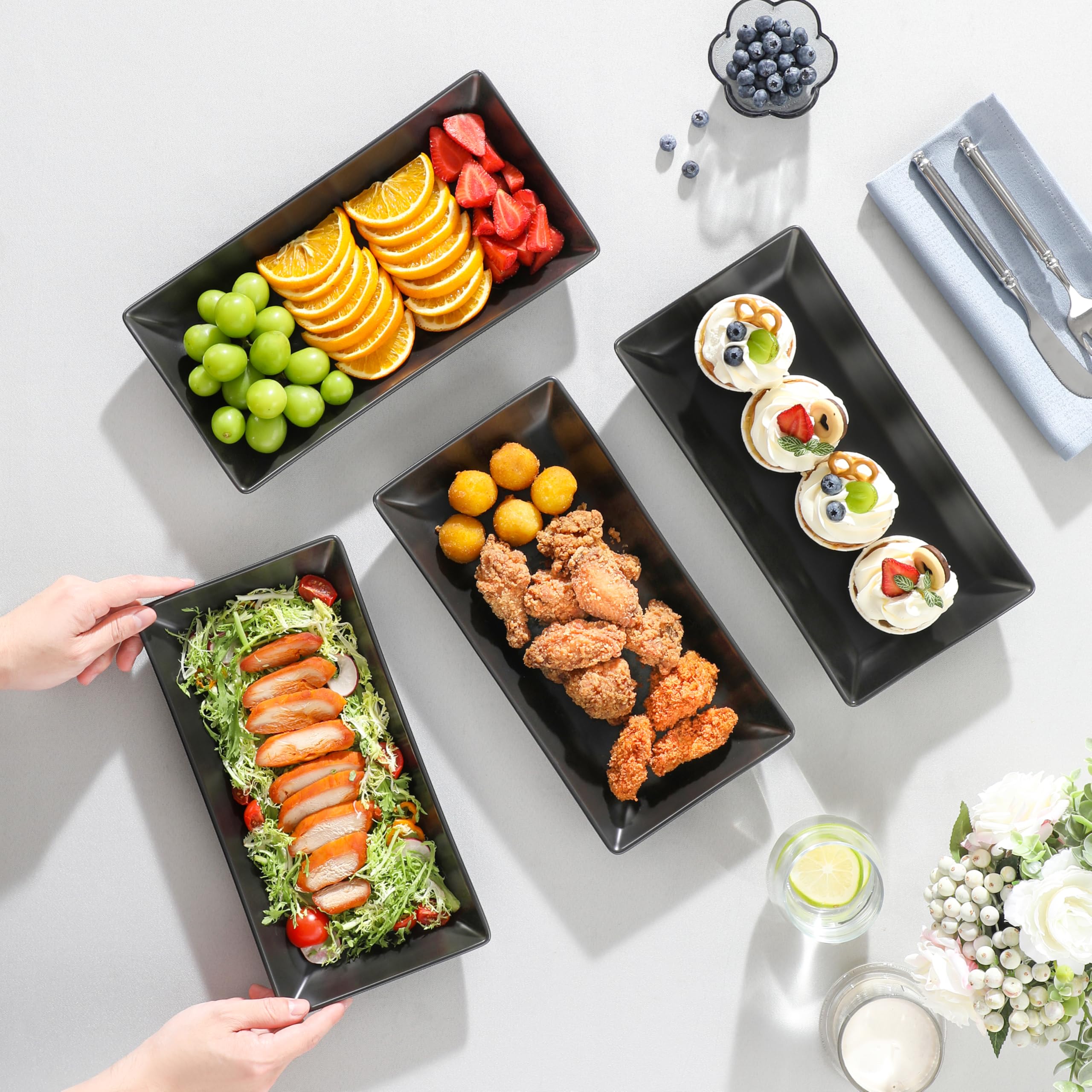 MALACASA Piatti da Portata in Porcellana 30,5 x 15,3 x 3,6 cm, Set di 4 Pezzi, Piatti da Portata Rettangolari Grandi per Buffet, Sushi, Torte, Antipasti a Casa, Feste o al Ristorante, Nero Opaco