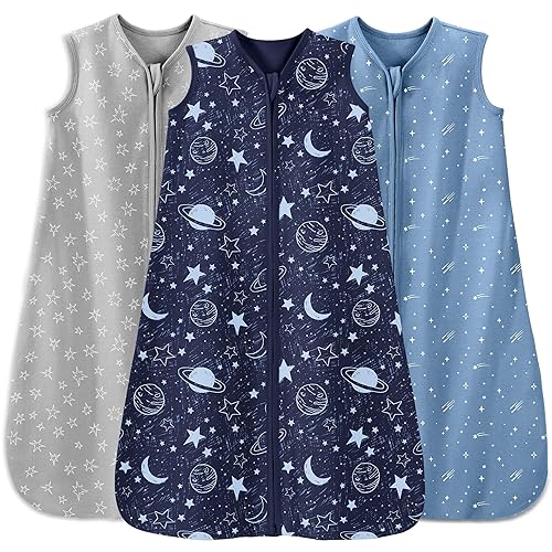 Saco de dormir para bebé de 12 a 18 meses, paquete de 3 unidades, 100% algodón, ligero, 0.5 TOG, saco de dormir para bebé con cremallera de 2 vías,