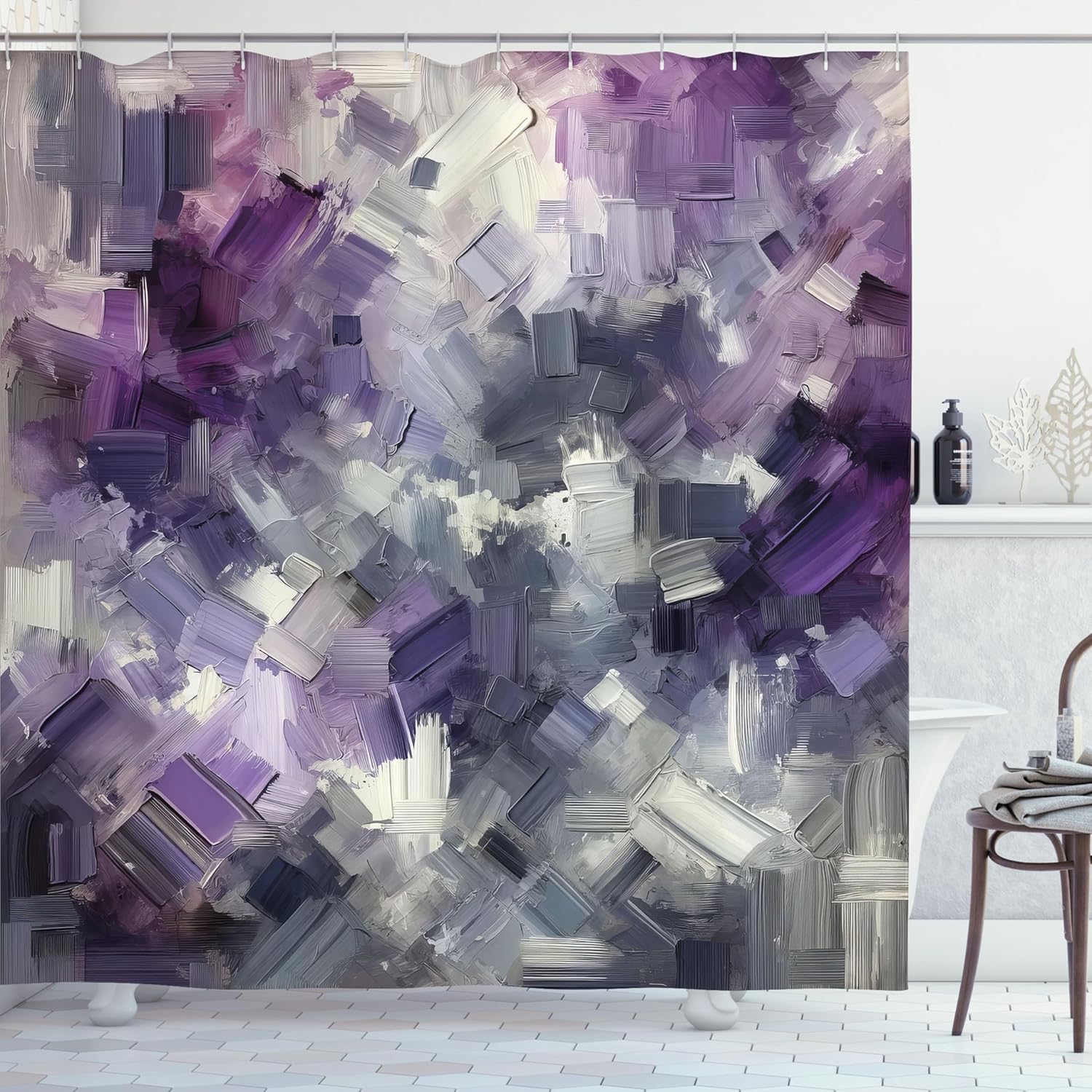 Ambesonne Purple Shower Curtain, Monochromatic Tones Abstract Crystal Cave Paint Brushstroke Technique, Cloth Fabric Bathroom Decor Set with Hooks, 69" W x 75" L, Violet Pale Grey Dimgray