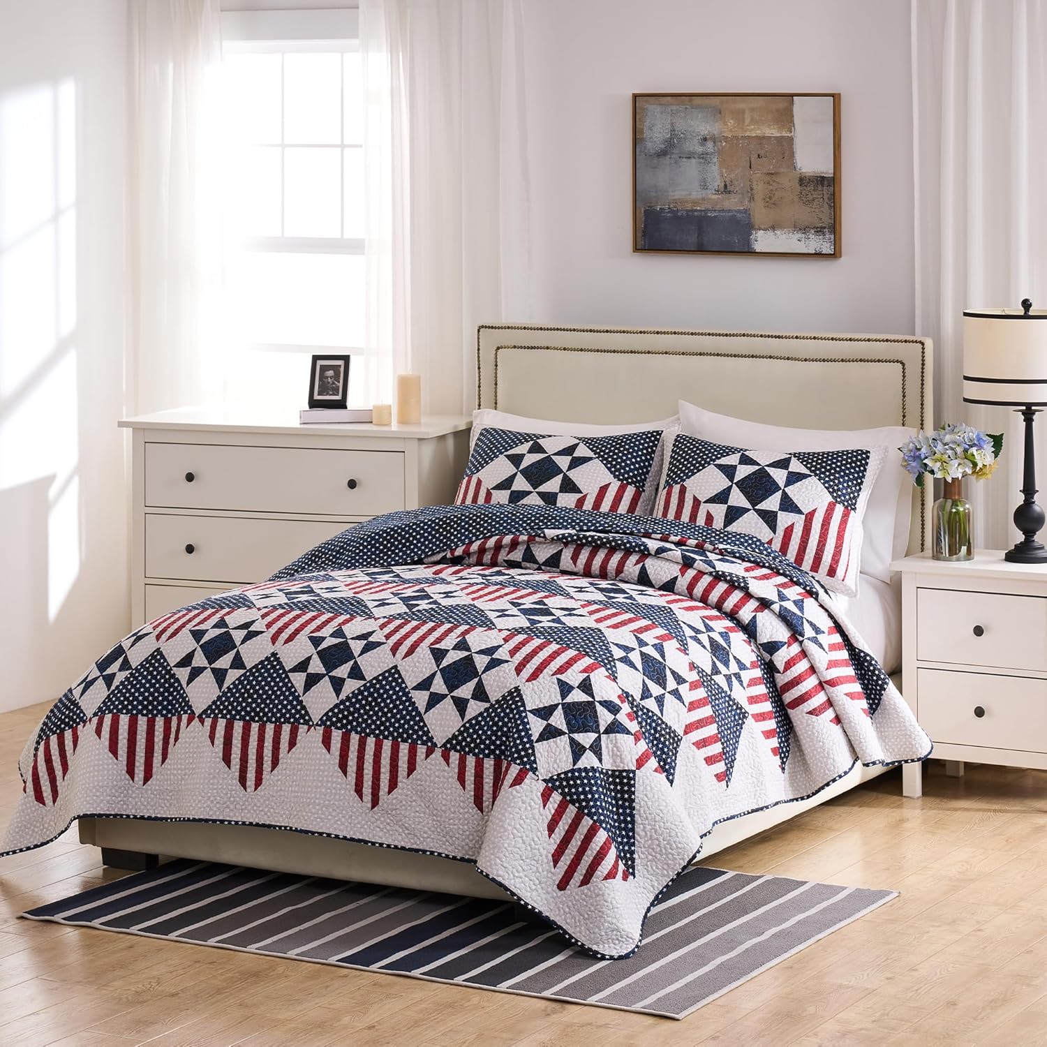 Star Patchwork Quilt Set Queen Size Country Comforter 100% Cotton Reversible Breathable Geometric Quilted Bedspread with Pillow Shams for All Seasons