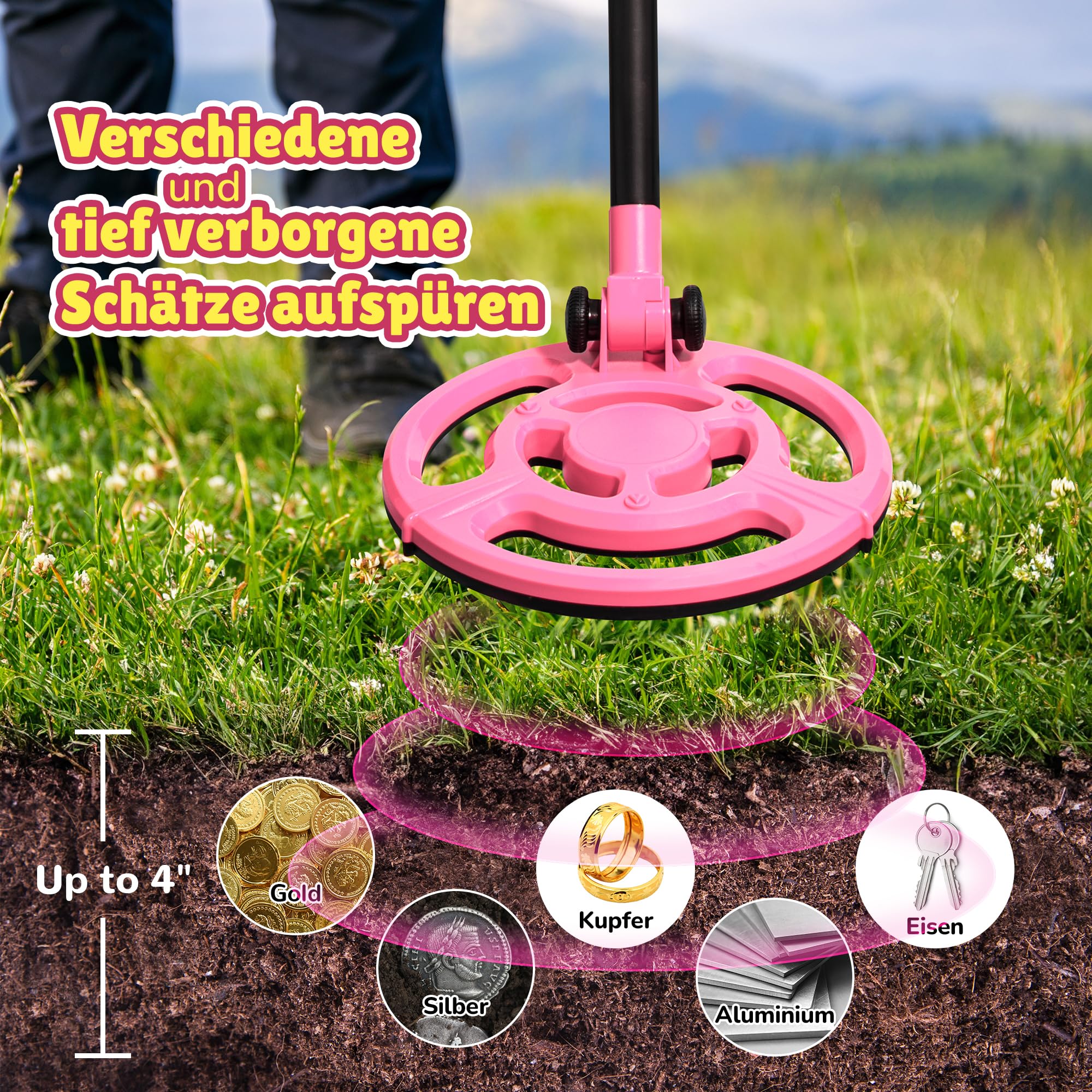 Metalldetektor Kinder, über USB Aufladbarer Kinder Metalldetektor mit Einfachem Display, 7,36" Plus-Suchspule, 24"-34" Verstellbare, Outdoor-Spielzeug für Kinder von 8 bis 12 Jahren, Rosa