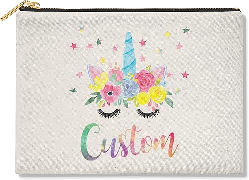 Bolsa de maquillaje, bolsa de cosméticos, bolsa de cosméticos, bolsa de maquillaje con nombre personalizado de unicornio en acuarela, bolsa de