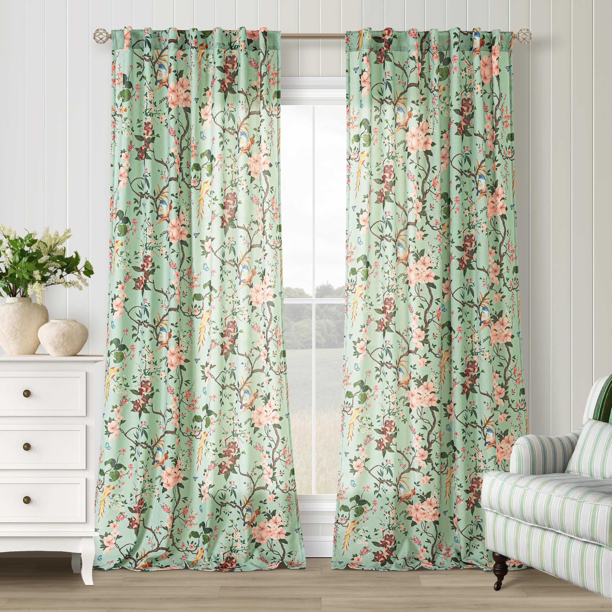 Green Linen Floral Bird Curtains Boho 102 Inch 2 Panels for Living Room | Seafoam,Back Tab,Sheer Long Curtain,Leaf Patterned,Botanical Drapes,Country Cottage,Light Filtering,for Bedroom Dining Room