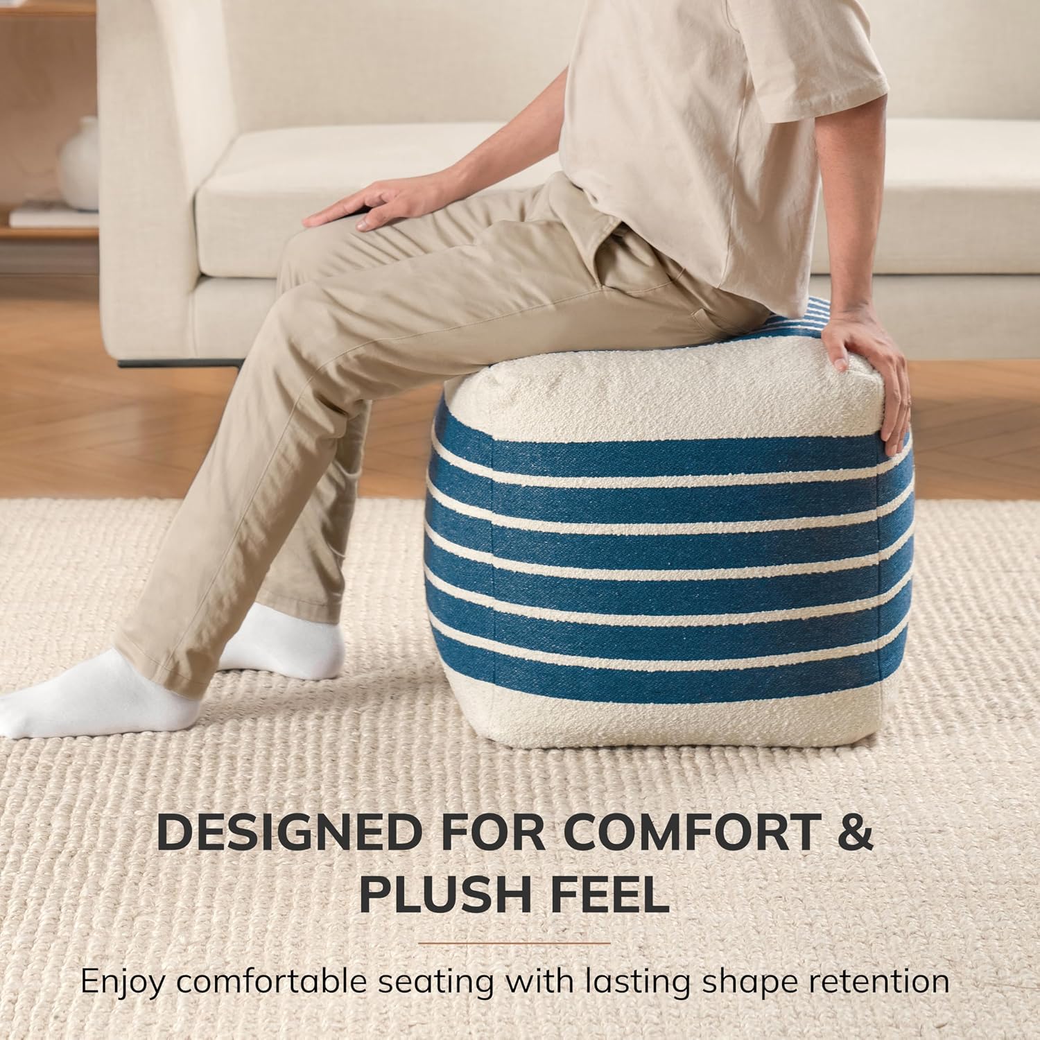 Anji Mountain Pouf Ottoman Foot Rest, Handmade Ottoman Pouf, Comfortable Foot Stool, Decorative Floor Seating for Living Room Decor, Bedroom & Home Décor Accent - Sailor Blue