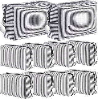 8 Pcs Seersucker Cosmetic Bags Bulk Black Striped Makeup Bags for Women | Preppy Storage Pouch, Aesthetic Cute Portable Travel Toiletry Organizer, Wedding Bridesmaid Party Favor, Mom Teacher Gifts