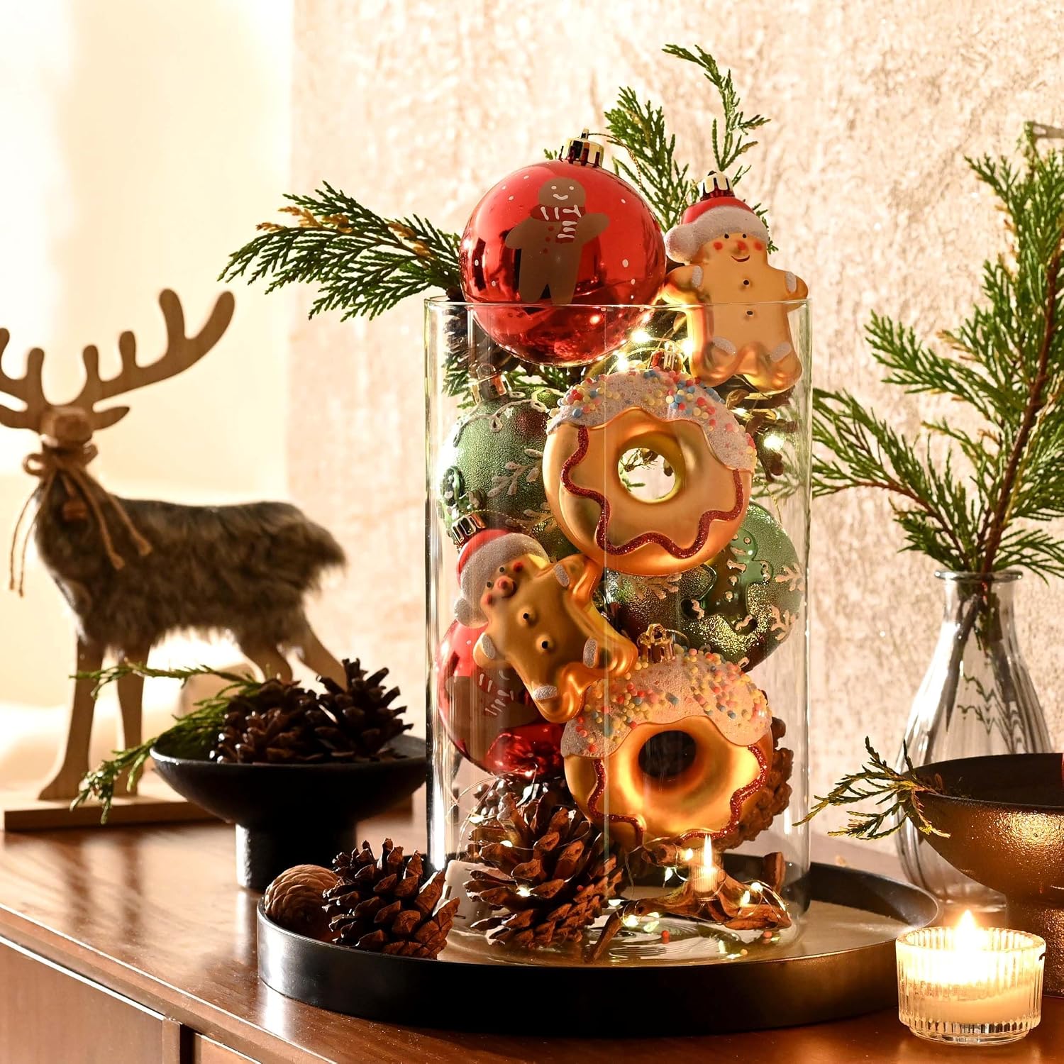 DecorbyHannah Large Gingerbread Christmas Ornaments Set, 9ct 3.15 inches Red Green Gold Ornaments for Christmas Tree Decorations, Shatterproof Plastic Hanging Balls Bulk for Xmas Indoor Party Decor
