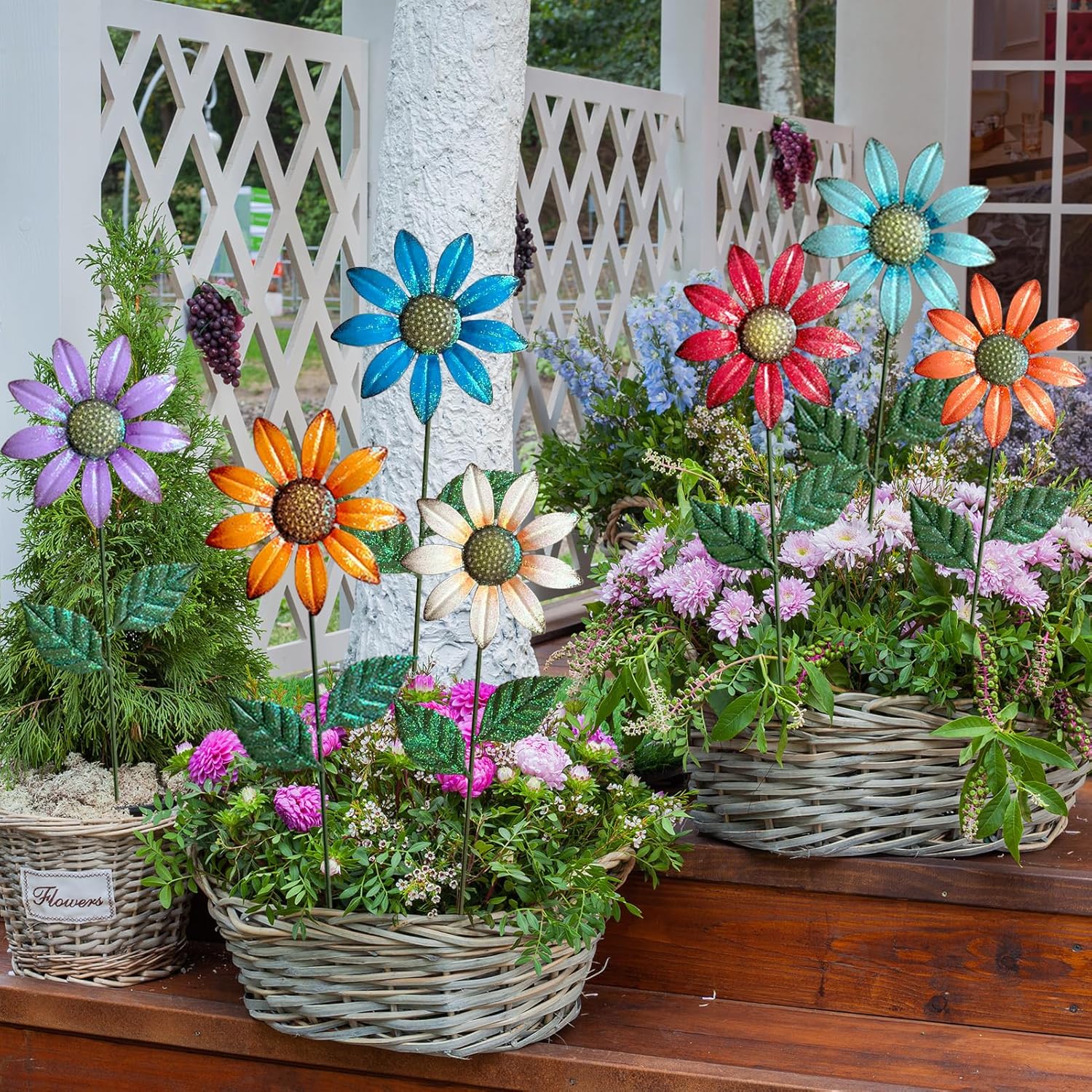 HUTHDAK Metal Flowers for Outside,8 Pack 16.15" Decorative Garden Stakes with Swaying Flowers Head Yard Art,Spring Garden Decor for Lawn, Pathway & Garden