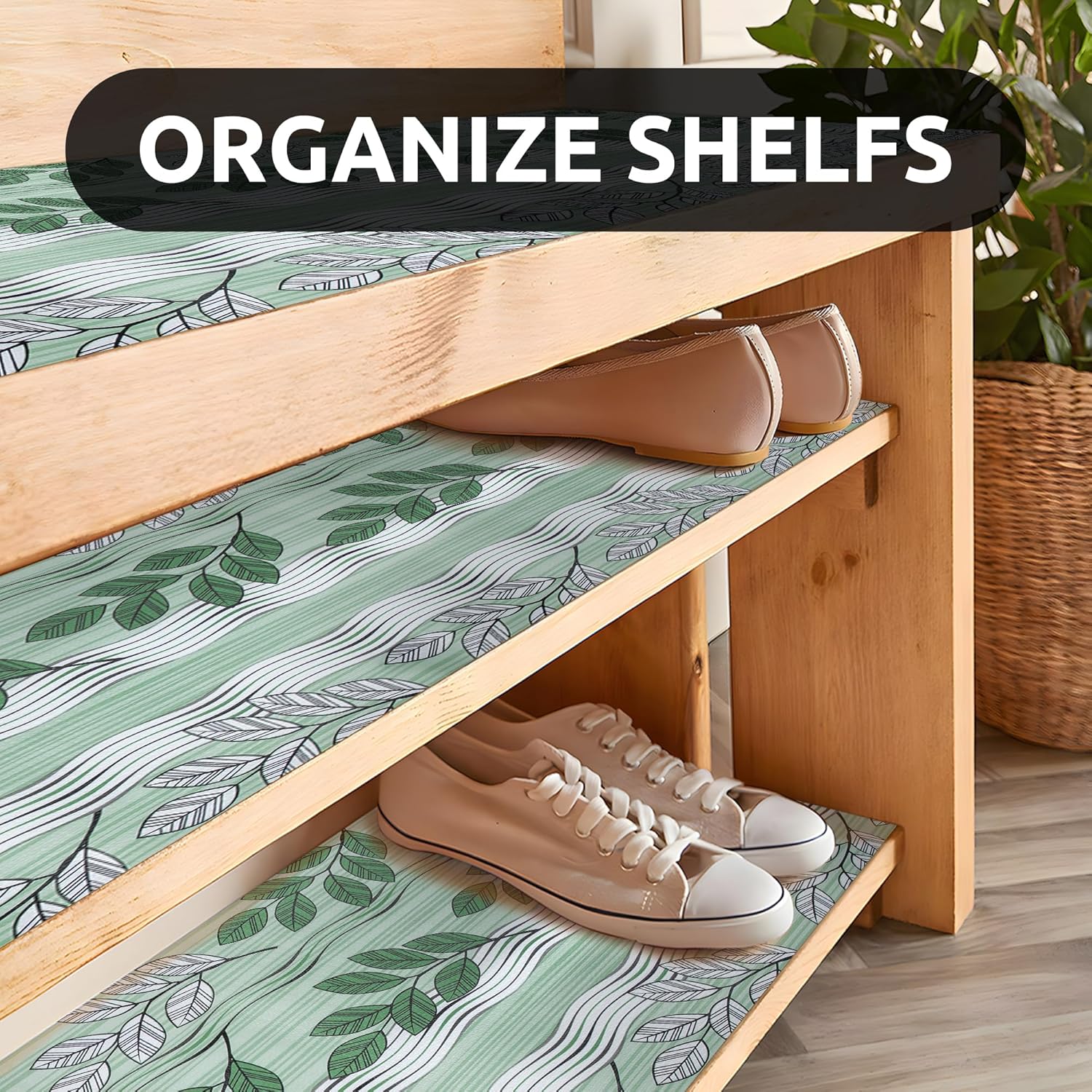 RAY STAR 18X96 Inch Shelf Liner for Kitchen Cabinets, Non-Adhesive Cabinet Liner Washable, PVC Drawer Liner for Dresser Non-Slip Bathroom (Green Leaf)(3 Roll)