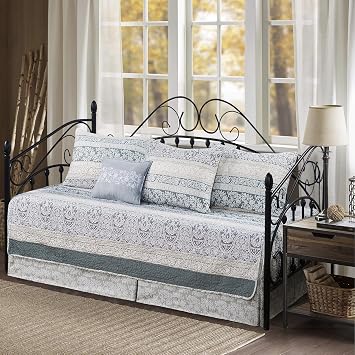 6 Piece Reversible Microfiber Bohemian Printed Daybed Cover Set, All Season Luxury Bedding with Bedskirt, Matching Shams, Decorative Pillow, 75"x39", Floral Stripes