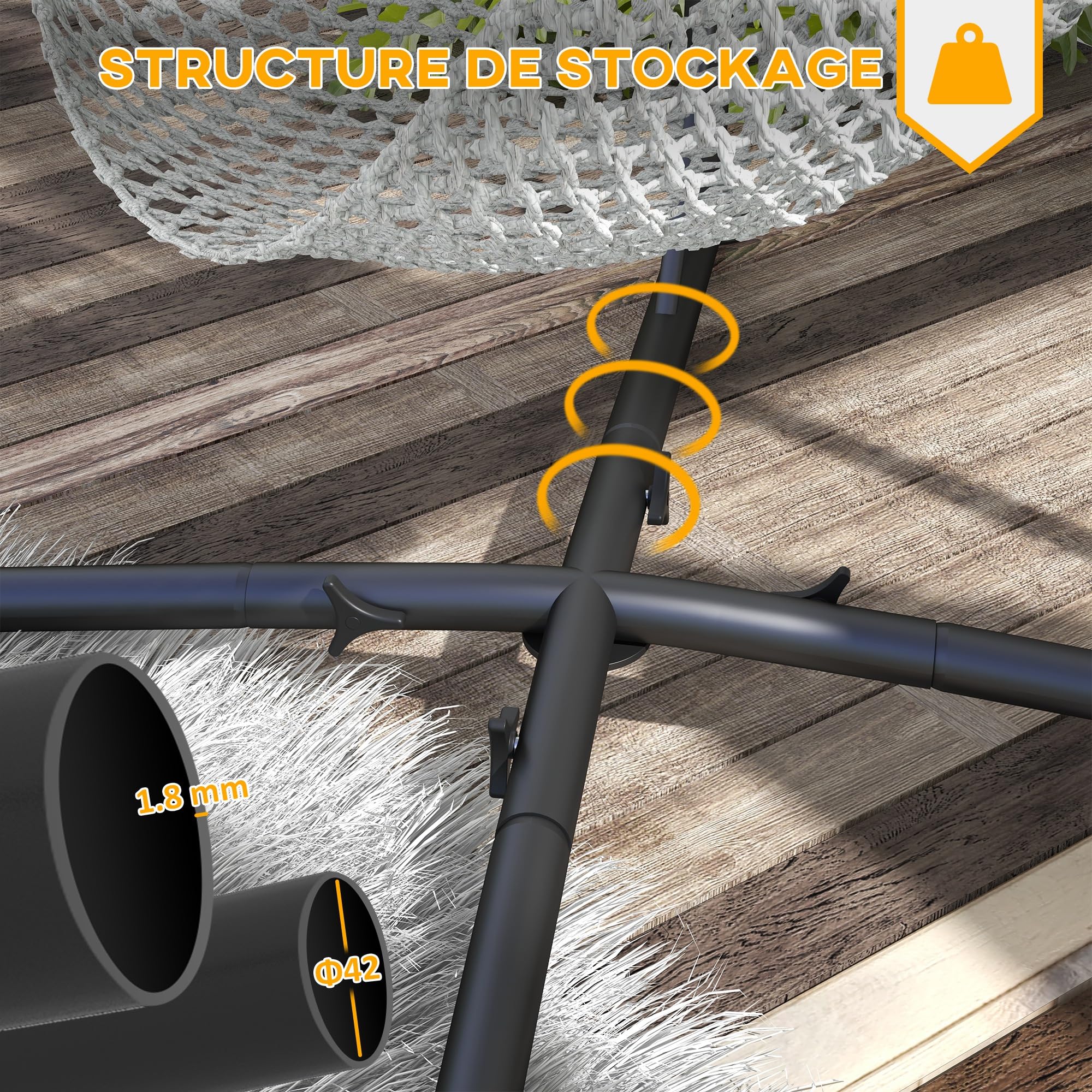 Outsunny Supporto per Poltrona sospesa - Supporto per Poltrona sospesa, Altezza 215 cm - Carico Massimo consigliato 130 kg, Metallo Nero