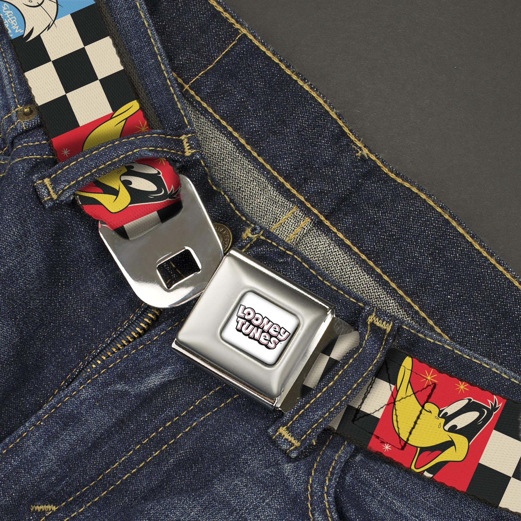Looney Tunes Belt, Seatbelt Buckle, Checker Pose Blocks Black White Multi Color