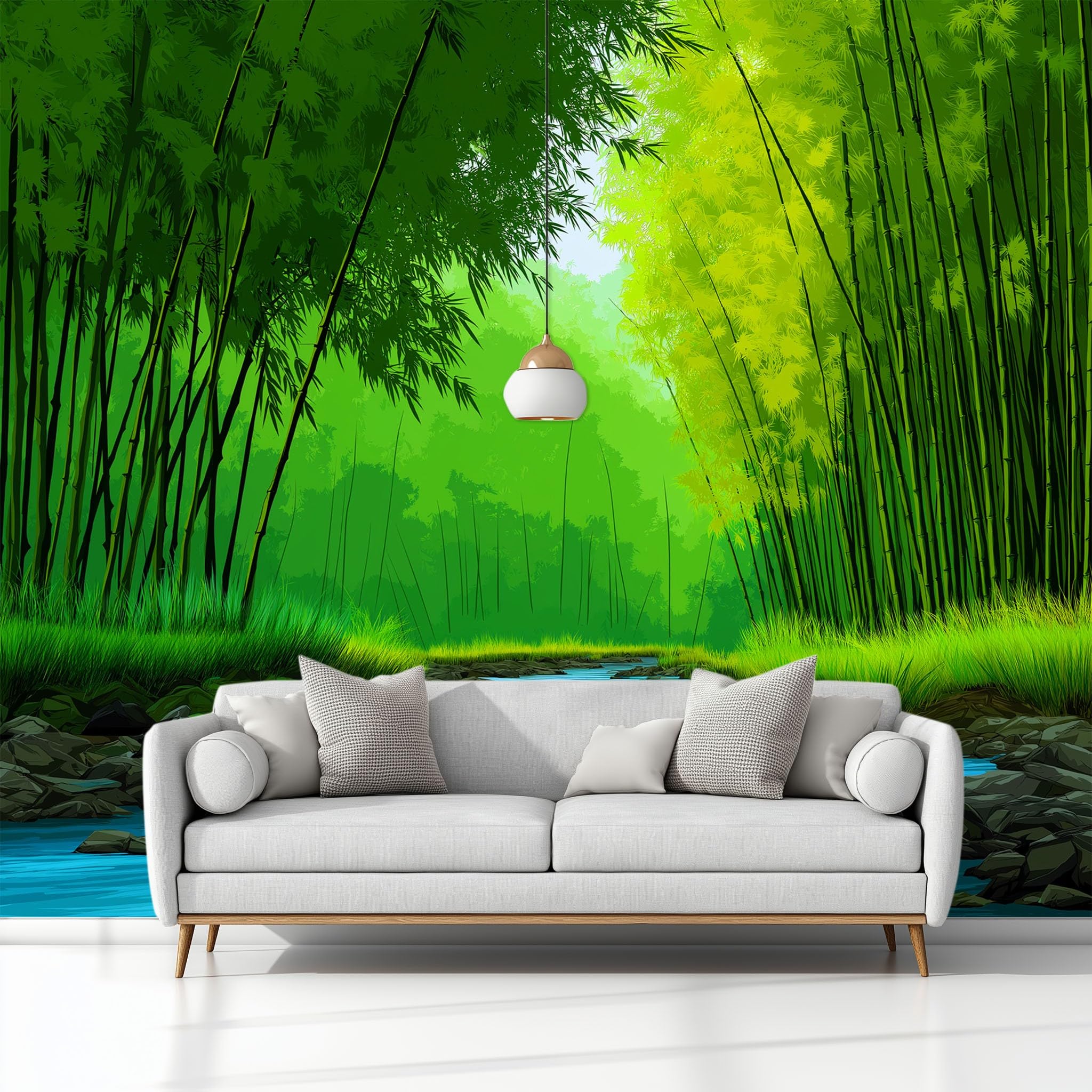 Tapeta 3D, fototapeta klasy premium, 350 x 256 cm, naturalny las bambusowy i strumień, fototapeta do salonu, nowoczesna tapeta z włókniny, obraz ścienny XXL, tapeta ścienna, efekt 3D, dekoracja