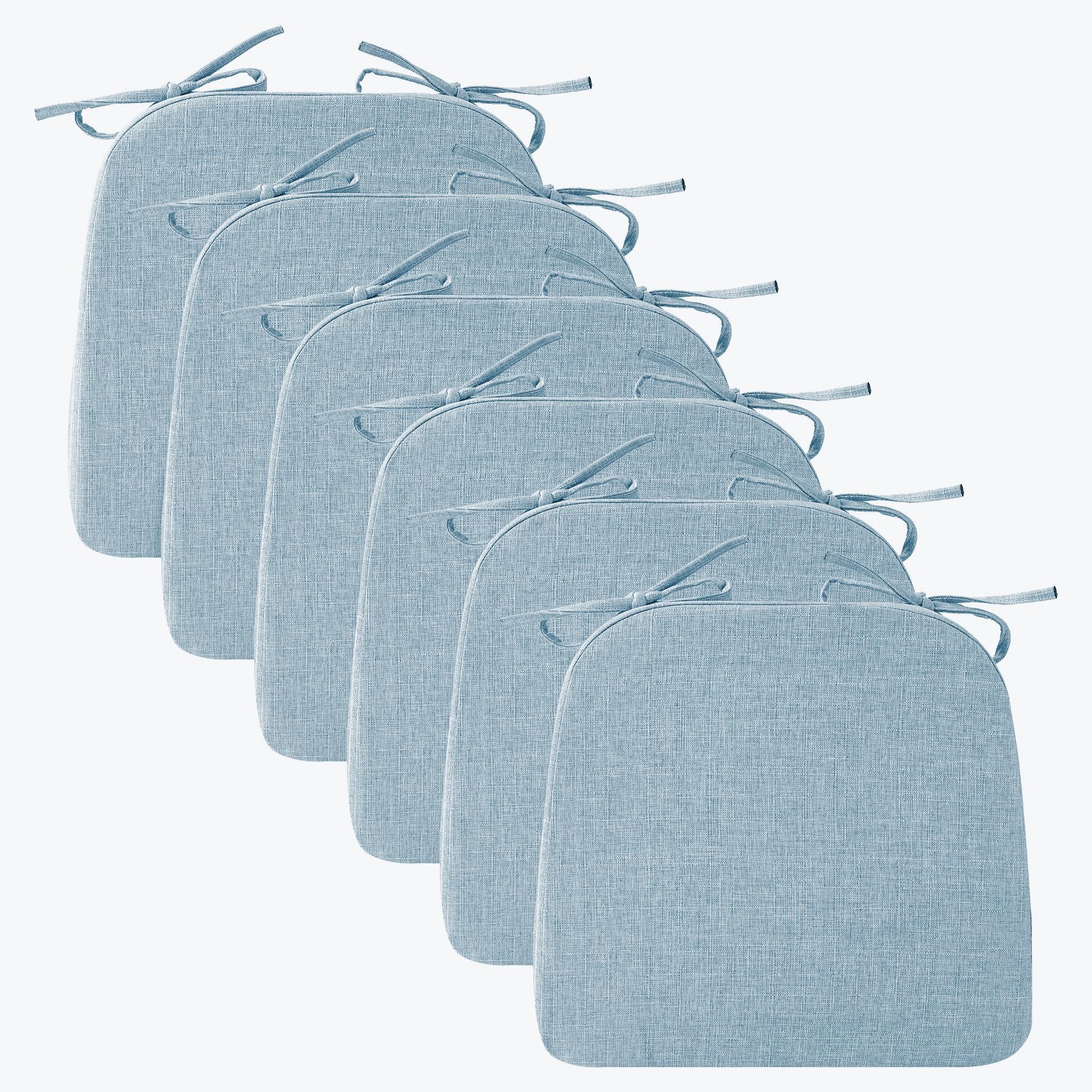 Chair Cushions for Dining Chairs, 2" Thick Seat Cushions for Kitchen Chairs, D-Shaped Chair Pads with Washable Cover, Ties and Non Slip Backing, 17'' x 16'', Set of 6, Light Blue