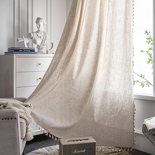 Cortina bohemia de encaje verde con borlas hechas a mano, semitransparentes color aguamarina y verde azulado, cortinas de ventana con bolsillo para