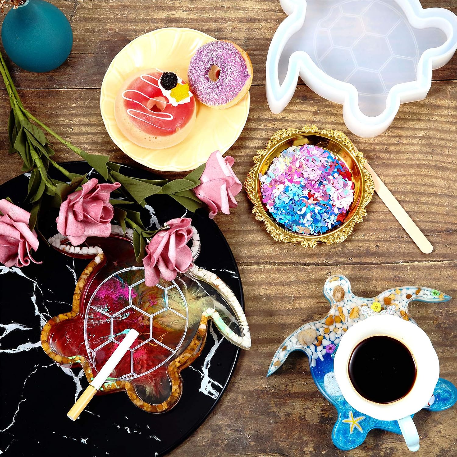 Turtle Shape Tray Molds Sea Turtle Resin Mold Silicone Epoxy Coaster Mold DIY Casting Plate Mold with 12-Colors Sequins and 10 Mixing Wooden Sticks for Crafts Tray Soap Home Decor Art Holder