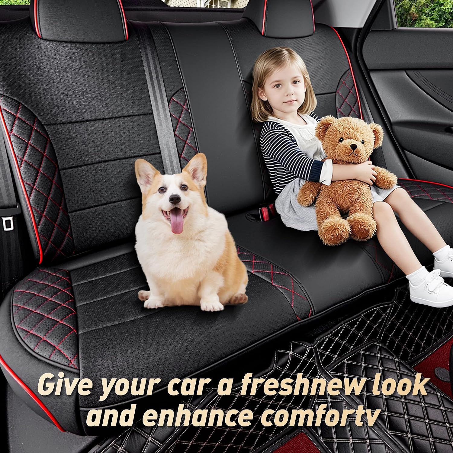 Seat Covers Fit Hyundai Elantra 2021-2026 N Line Limited Hybrid Limited and SEL 2024-2026, Split Rear Seat with Movable Headrests, Water-Resistant Faux Leather Full Set-Black and Red