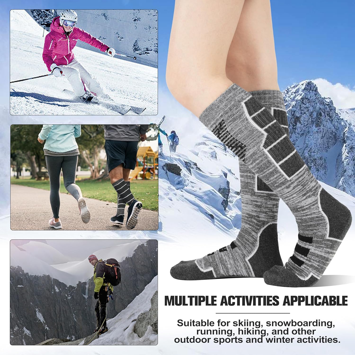 Anlisim 3 Pairs Unisex Merino Wool Ski Thermal Warm Thick Knee High Long Socks - Image 2