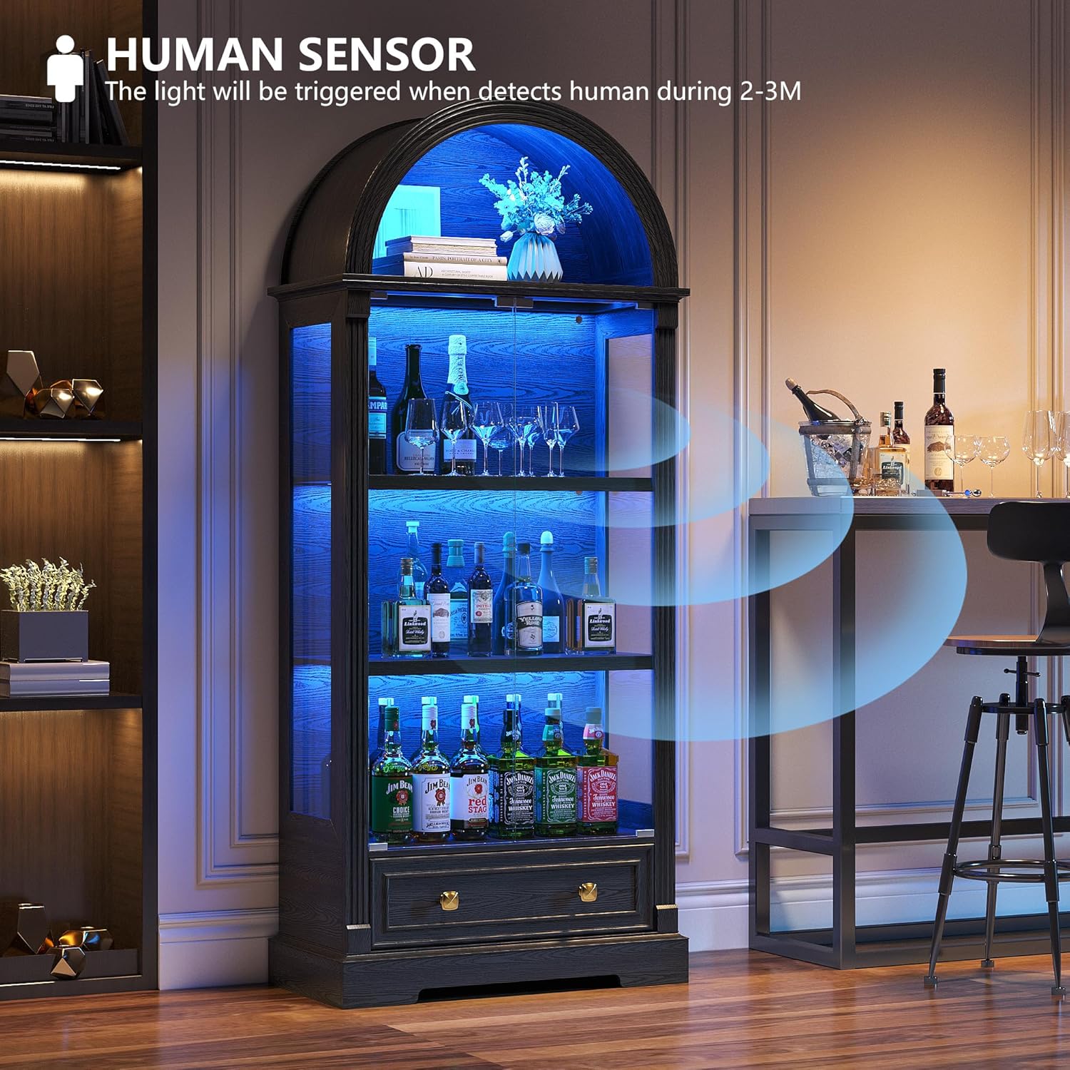 Black Curio Cabinet with Glass Doors, 72" Tall Arched Display Cabinet with Human Sensor Lights, 4-Tier Display Case for Collectibles Bookcase Living Room