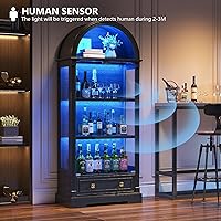 Vista 5 de Vitrina con puertas de cristal, gabinete Curio arqueado de 72 pulgadas de alto con luces de sensor humano, vitrina de vidrio de 4 niveles para Negro