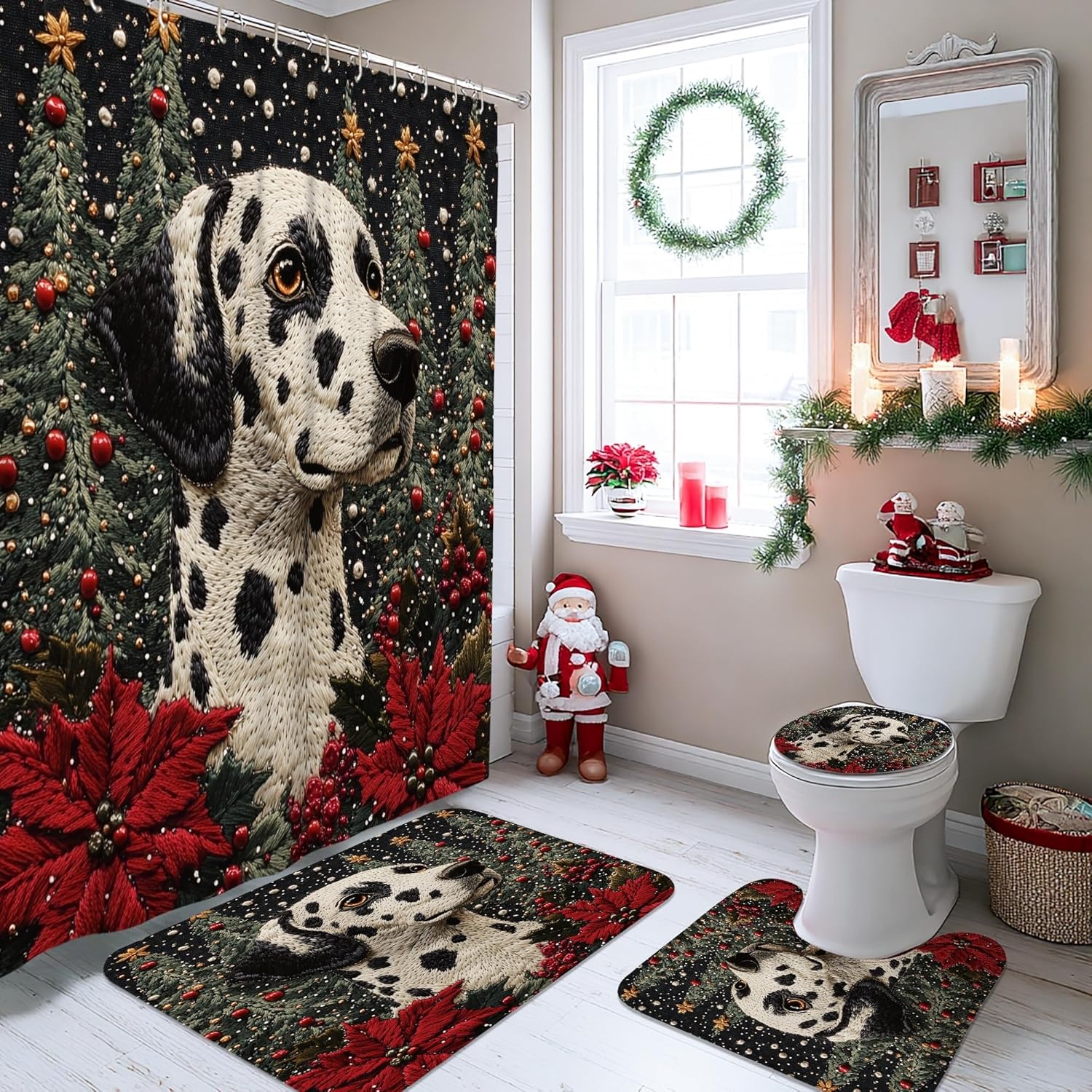 4PCS Christmas Dalmatian Dog Bathroom Sets, Bath Accessory with Non-Slip Rug, U Shape Toilet Lid Cover Mat, Knitting Winter Puppy Bathroom Decor-72''x72''