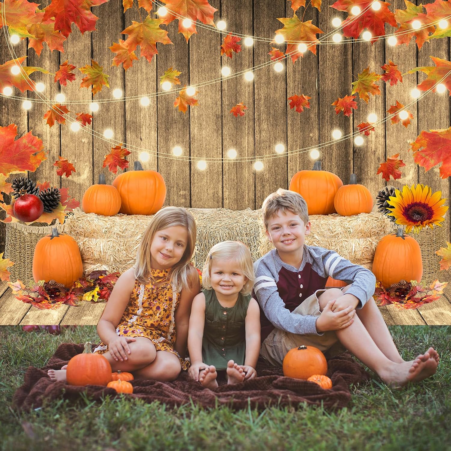 Avezano Autumn Thanksgiving Photogrpahy Backdrop Rustic Pumpkin Wooden Floor Harvest Background Fall Maple Leaves Baby Shower Banner Decorations Party Supplies Photo Booth Props (10x8)