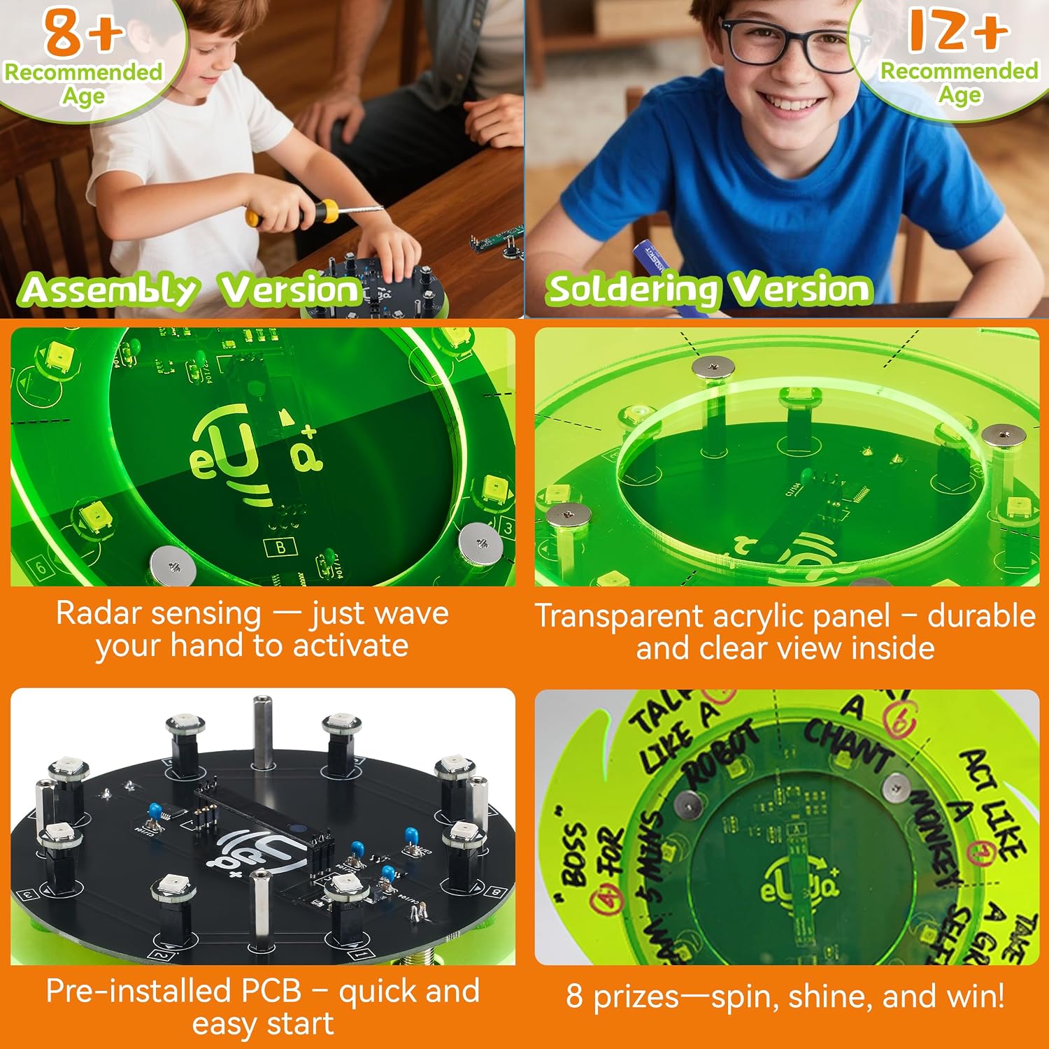 eUda+ STEM Lucky Wheel Toys for Boys Age 12-17 STEM Fortune Wheel Kits for Kids Ages 12-14 Electronic Craft Kits for Teens 14-16 Soldering Practice Kit for Beginners (Soldering Version, RPC)