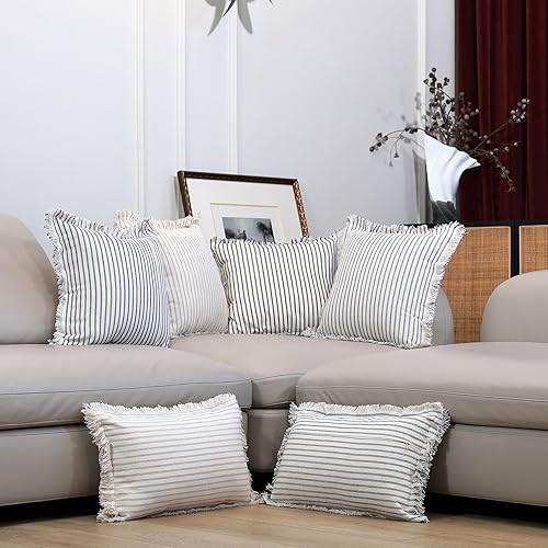 Miniatura 5 de BOYSUM Juego de 2 fundas de almohada decorativas de lino con flecos de 12 x 20 pulgadas para cama, sala de estar, fundas de almohada a rayas, estilo