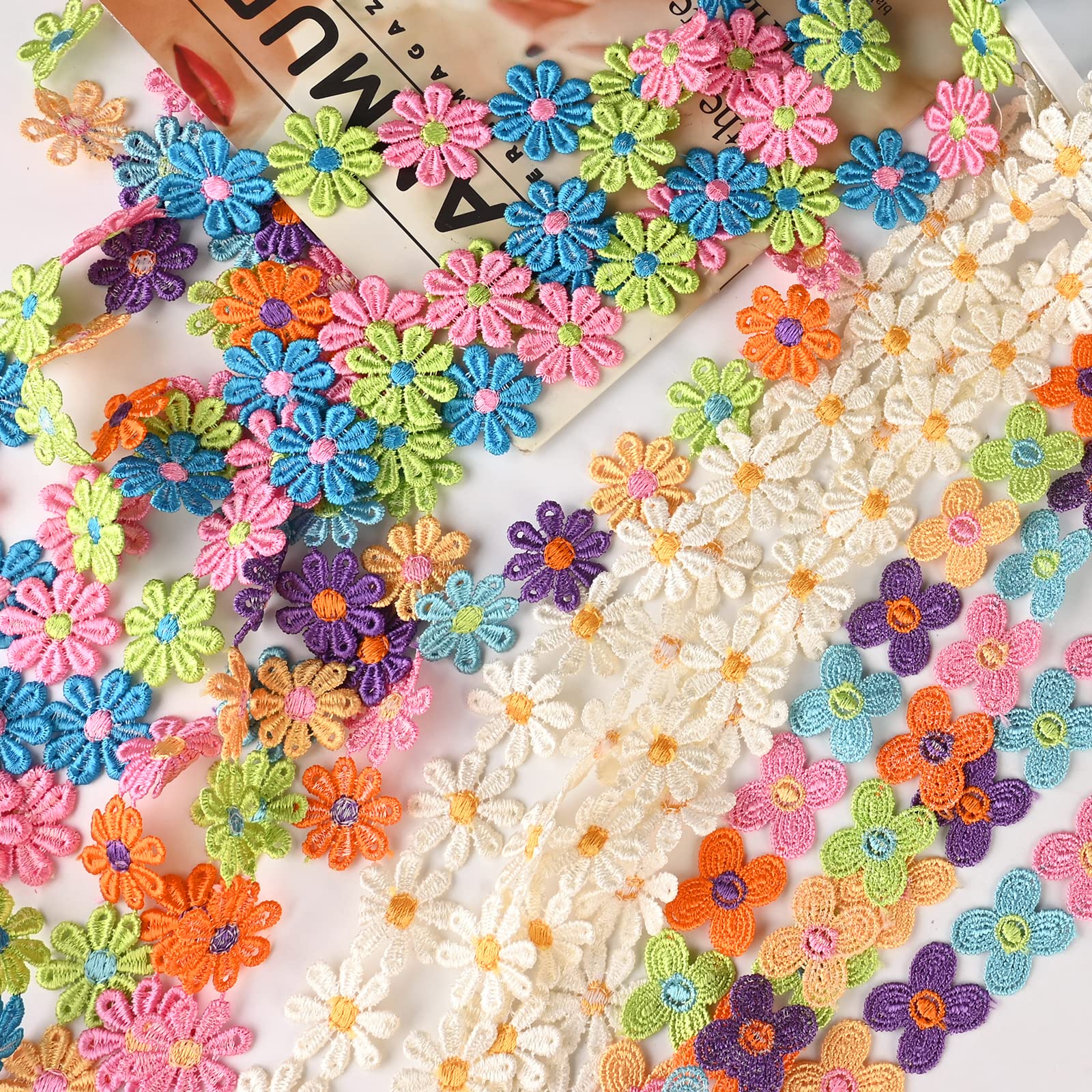 Decorazione Margherita Ricamata 15 Yards - Giallo/Bianco, Per Cucito Fai Da Te - Foto 5