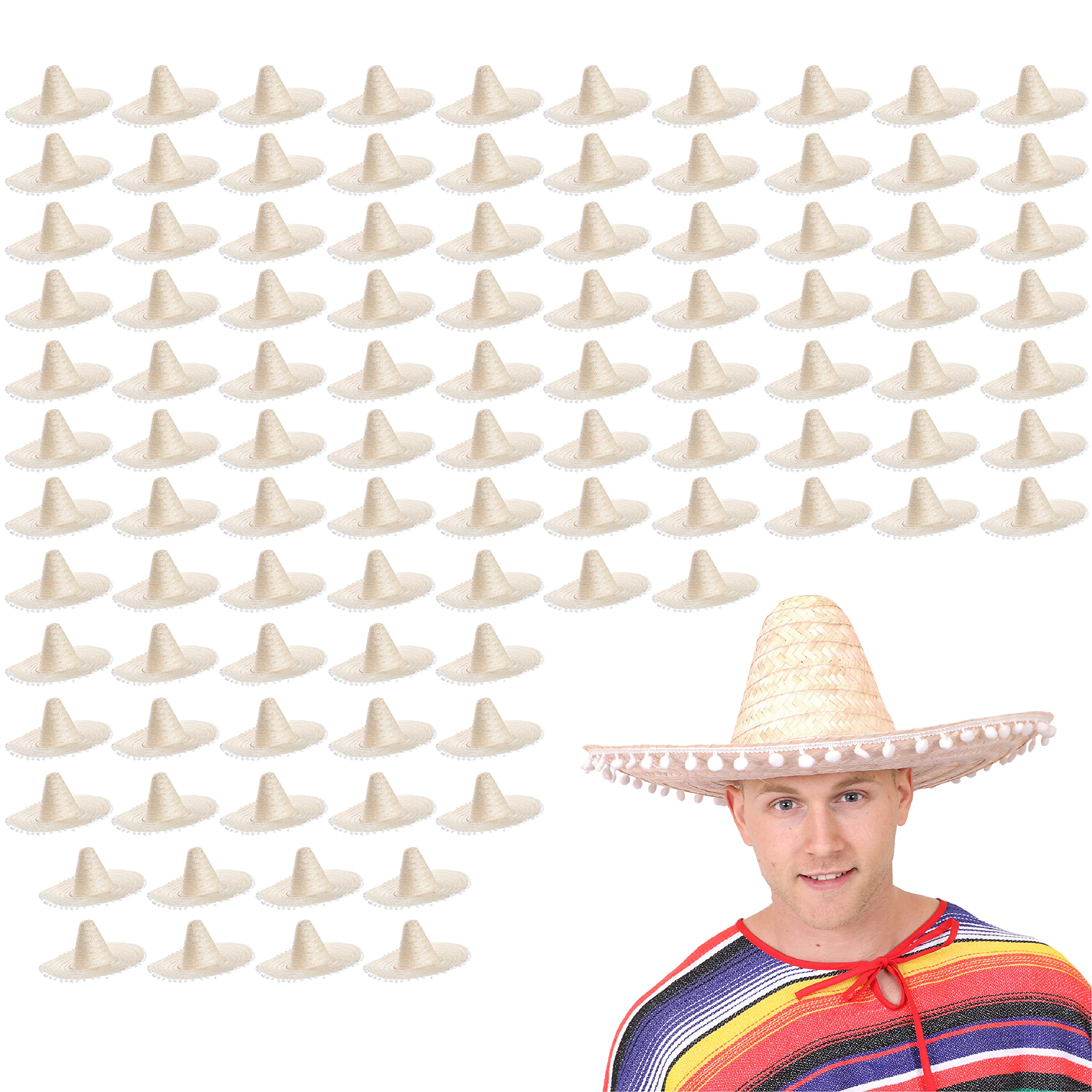 Natural Mexican Sombrero - Pack of 48 - Straw Sombrero with White Pom Poms - Straw Hat Fancy Dress Costume Ideal for Hen/stag Night, Summer, Beach Party, Wholesale Bulk
