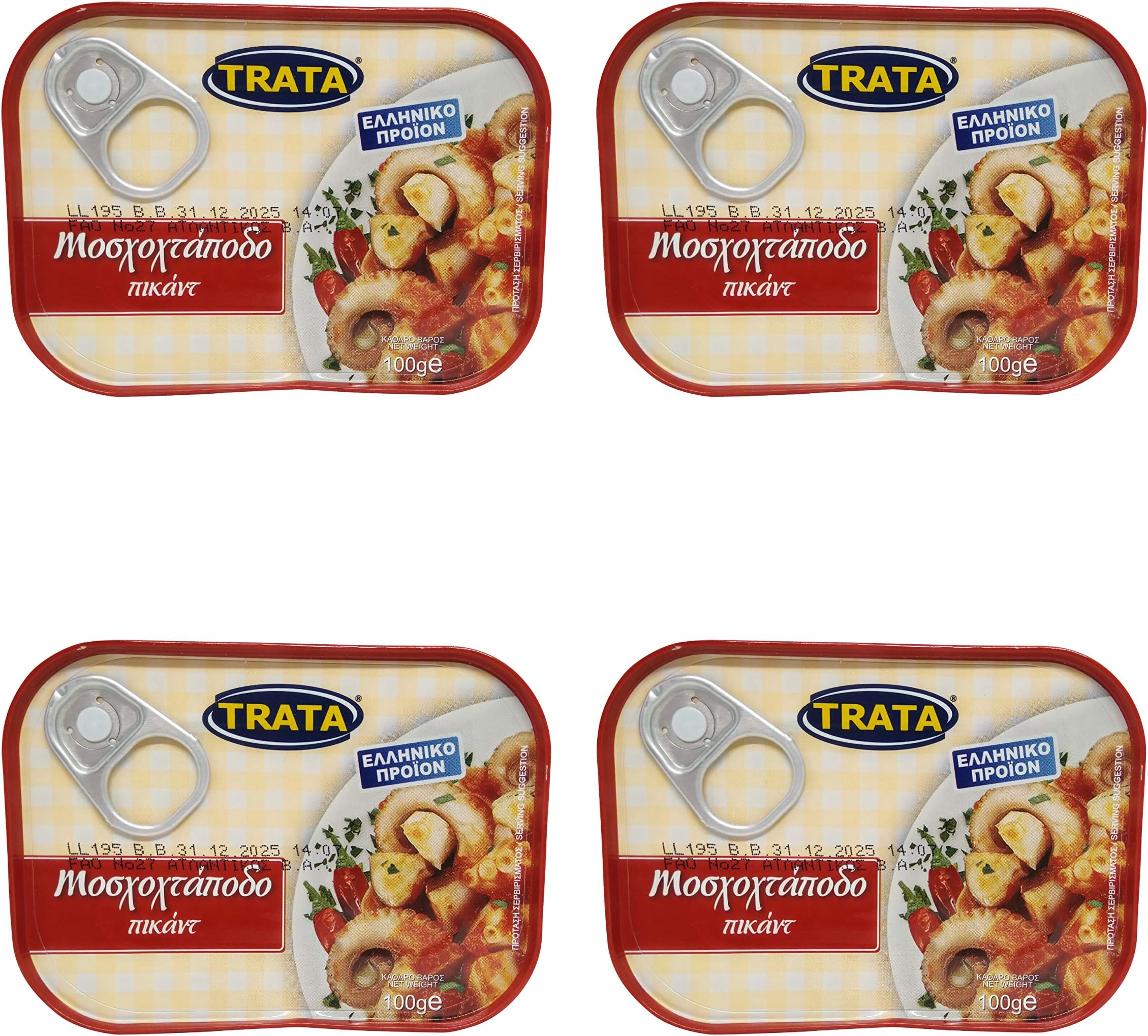 Trata Greek Musky Octopus in Piquant Sauce Net Weight 400gr (Pack of 4 Easy Open tin cans of 100g Each)