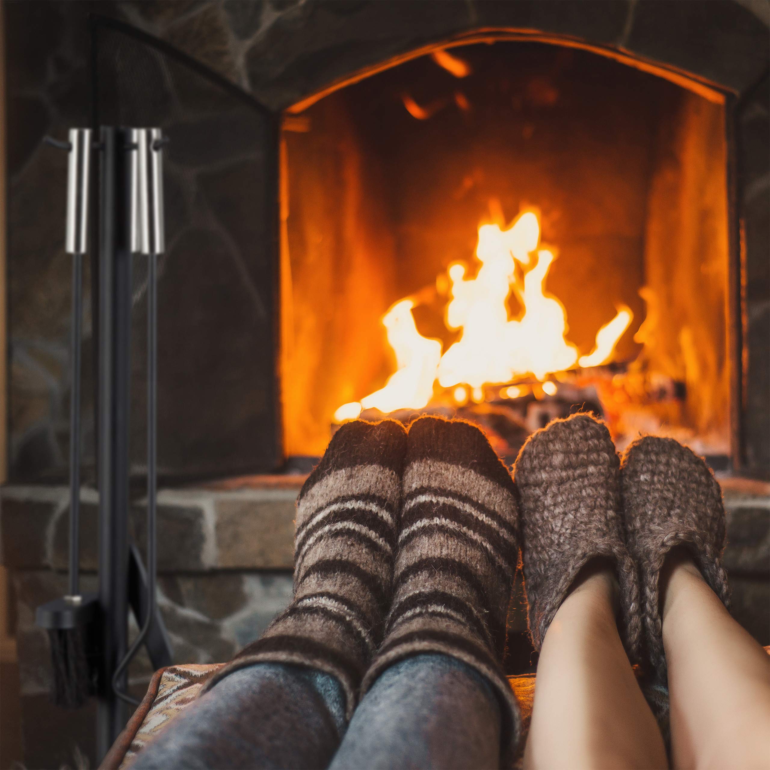 Relaxdays Zestaw kominkowy, 4-częściowy, z szufelką, miotełką, pogrzebaczem i uchwytem, czarny