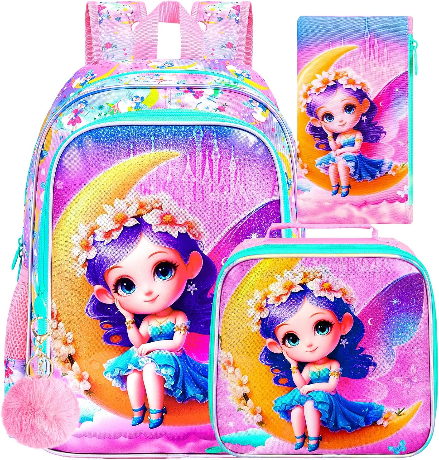 gxtvo 3PCS Unicorn Backpack for Girls, 16" Kids Bookbag with Lunch Box, Water Resistant Elementary School Bag for Preschool Toddler