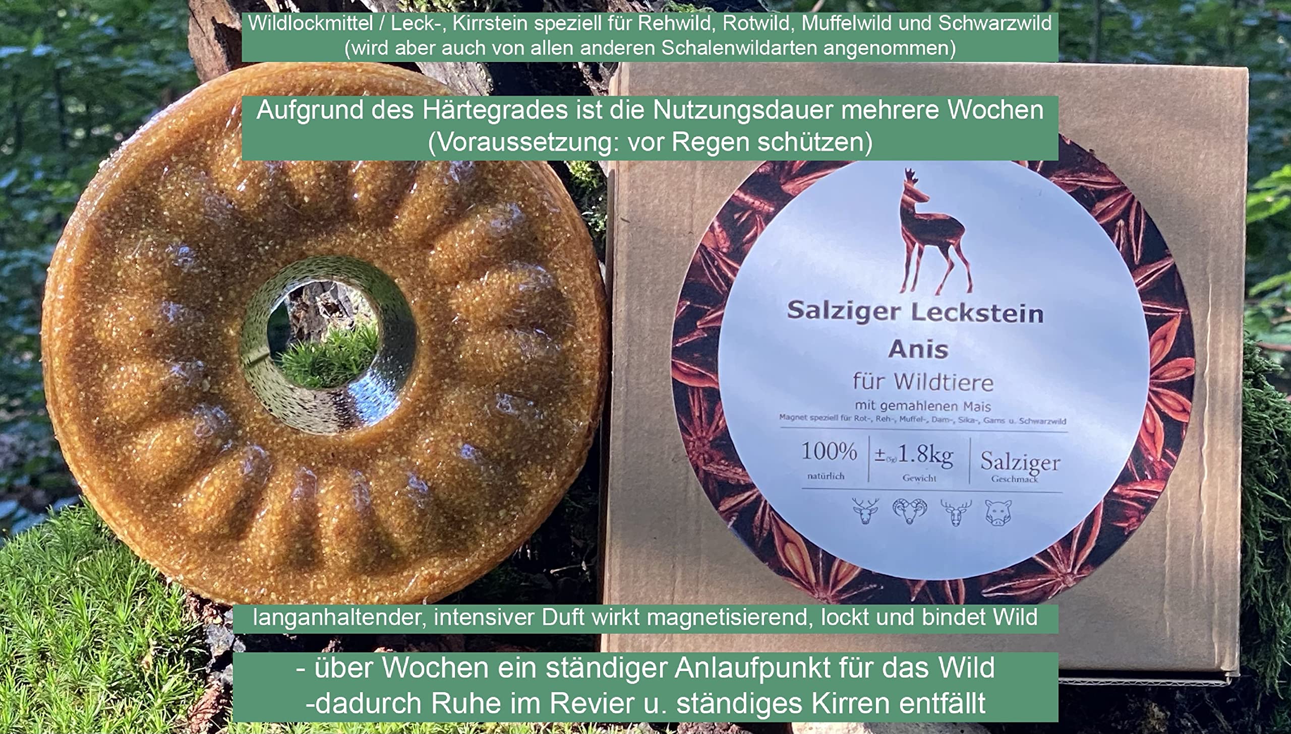 Leckstein Anis | Extra Harter Wild- Leckstein | Wildbindendes Lockmittel| Rehwild, Rotwild und Muffelwild |Wochenlange Nutzungsdauer | 1,8 kg (14,95 €/kg)