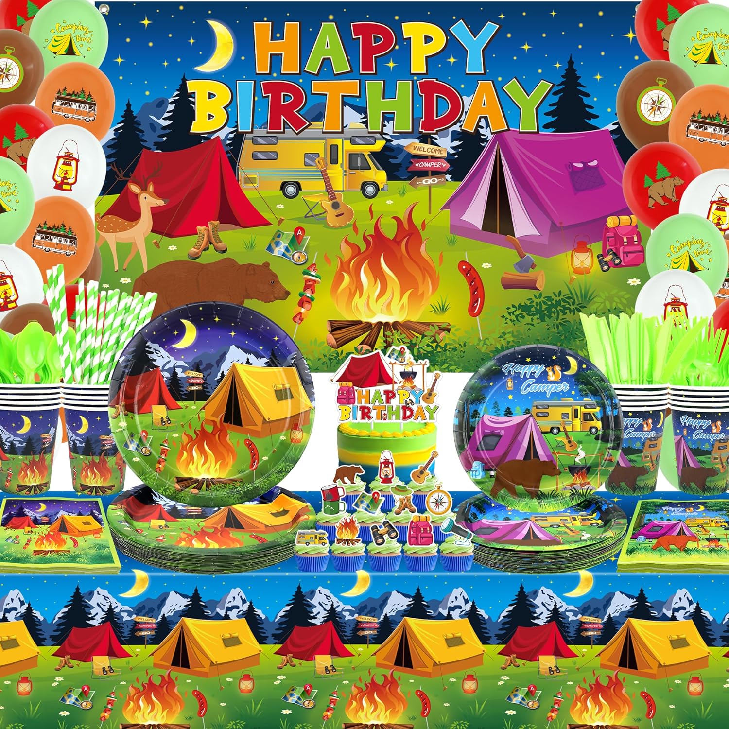Camping Birthday Party Decoration - Camping Party Tableware, Plates Cups Napkins Camping Tablecloth Happy Birthday Backdrop Balloons Cake Toppers for Camper Campfire Forest Picnic Adventure (backdrop)