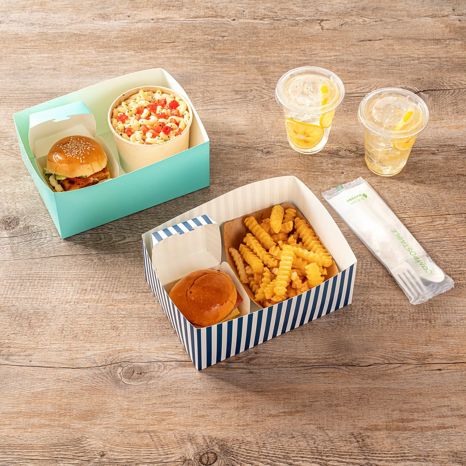 Bio tek Bandejas de Hamburguesas de 8.4 x 6.1 x 3.5 Pulgadas, 100 bandejas Desechables de Papel para Alimentos, sostenibles, Resistentes, bandejas de Aperitivos de película de Papel Azul y Blanco,
