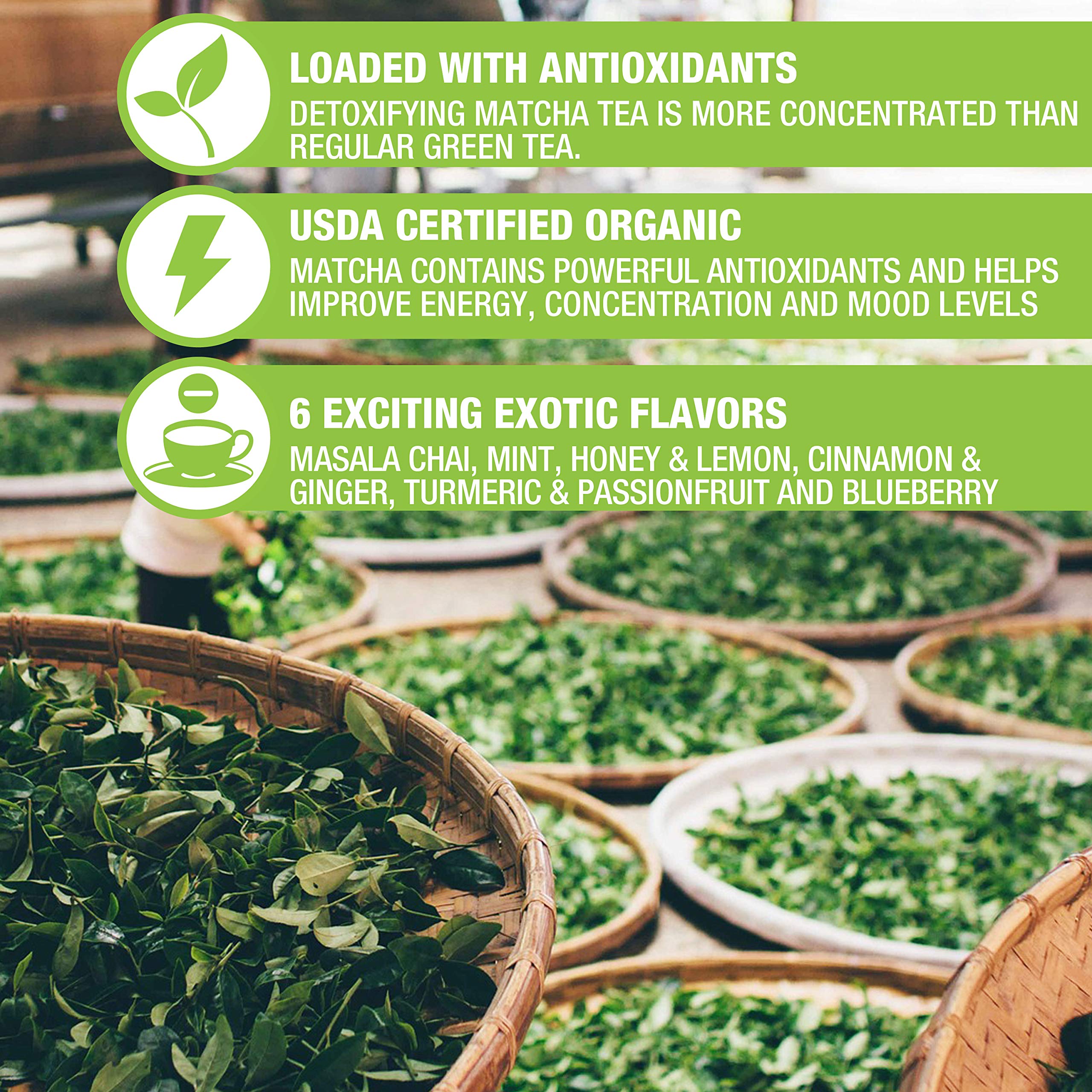 Tipson Organic Matcha Variety Sampler - 6 Flavors 60 Tea Bags Herbal Tea Infusions - USDA Organic Non — view 3