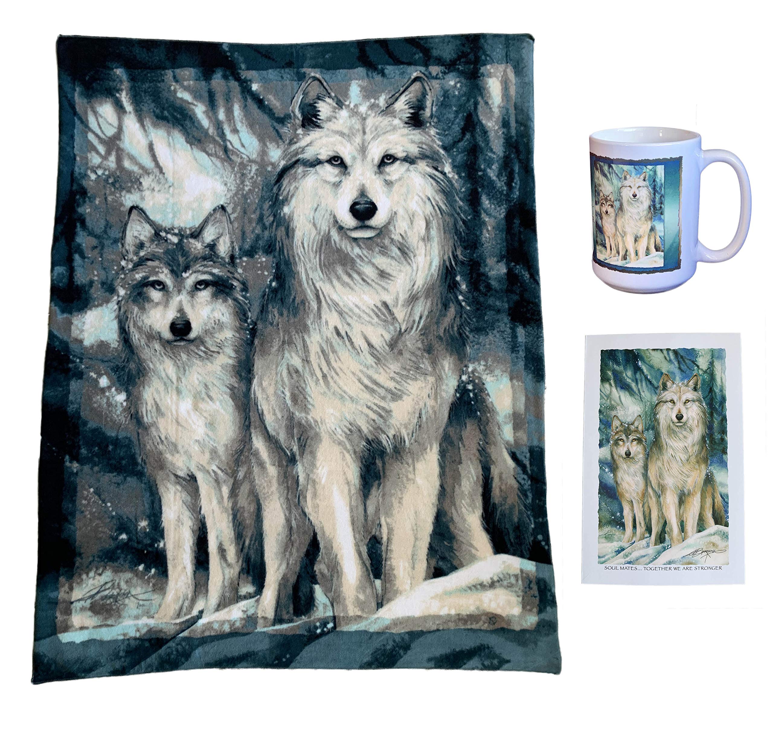 Tapps Home Décor Line Wolf Themed Fleece Throw Blanket, Mug, and Greeting Card with Envelope Set