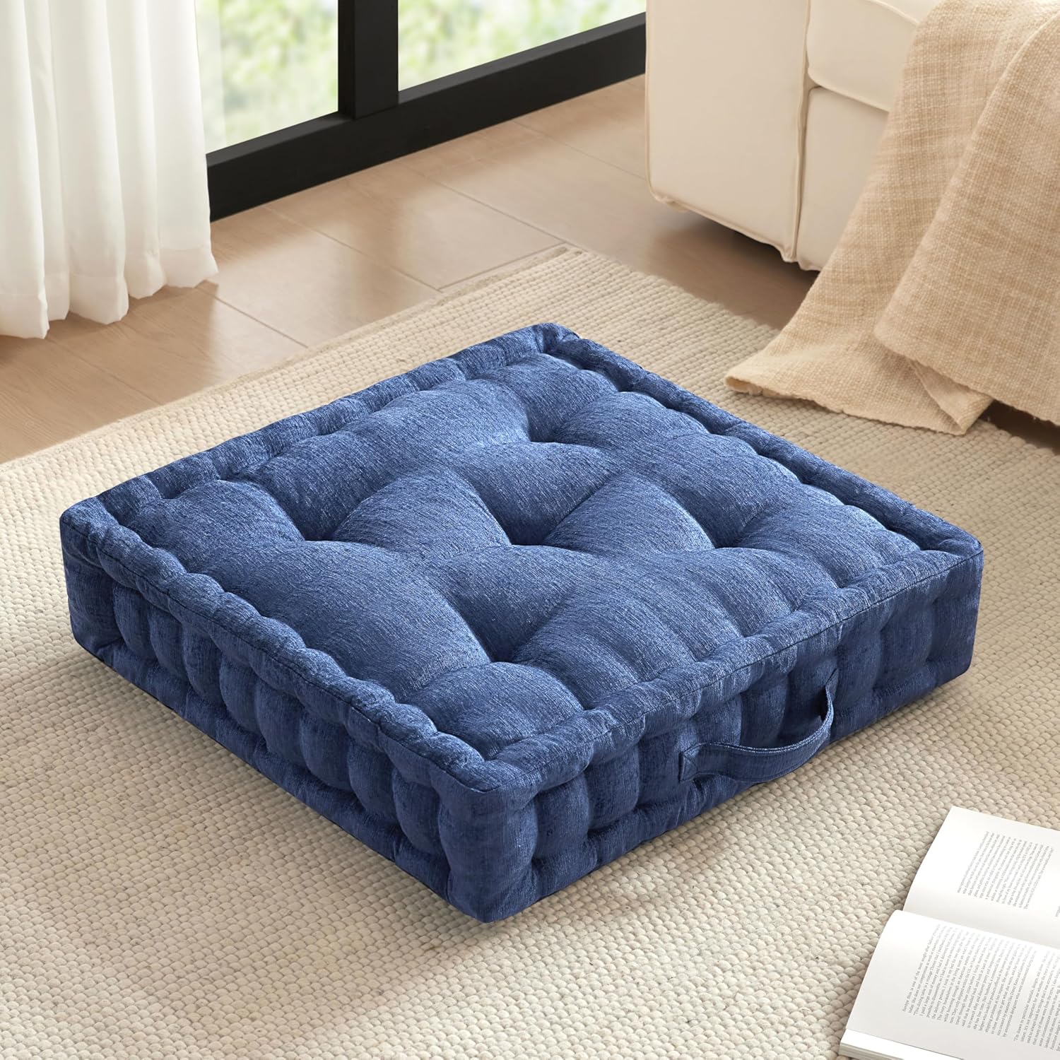 Product image of Intelligent Design Azza Large Cushion/Pouf, 24" W x 24" L x 5" H, Square Navy with Handle