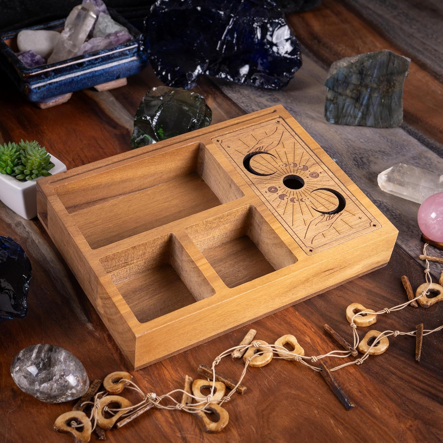 Curawood Tarot Card Holder Stand Display & Deck Box - Witchy Gifts for Women, Tarot Accessories, Wiccan Altar Supplies, Crystal Holder Tray, Witchcraft Decor - 3-Card Stand with Deeper Compartment