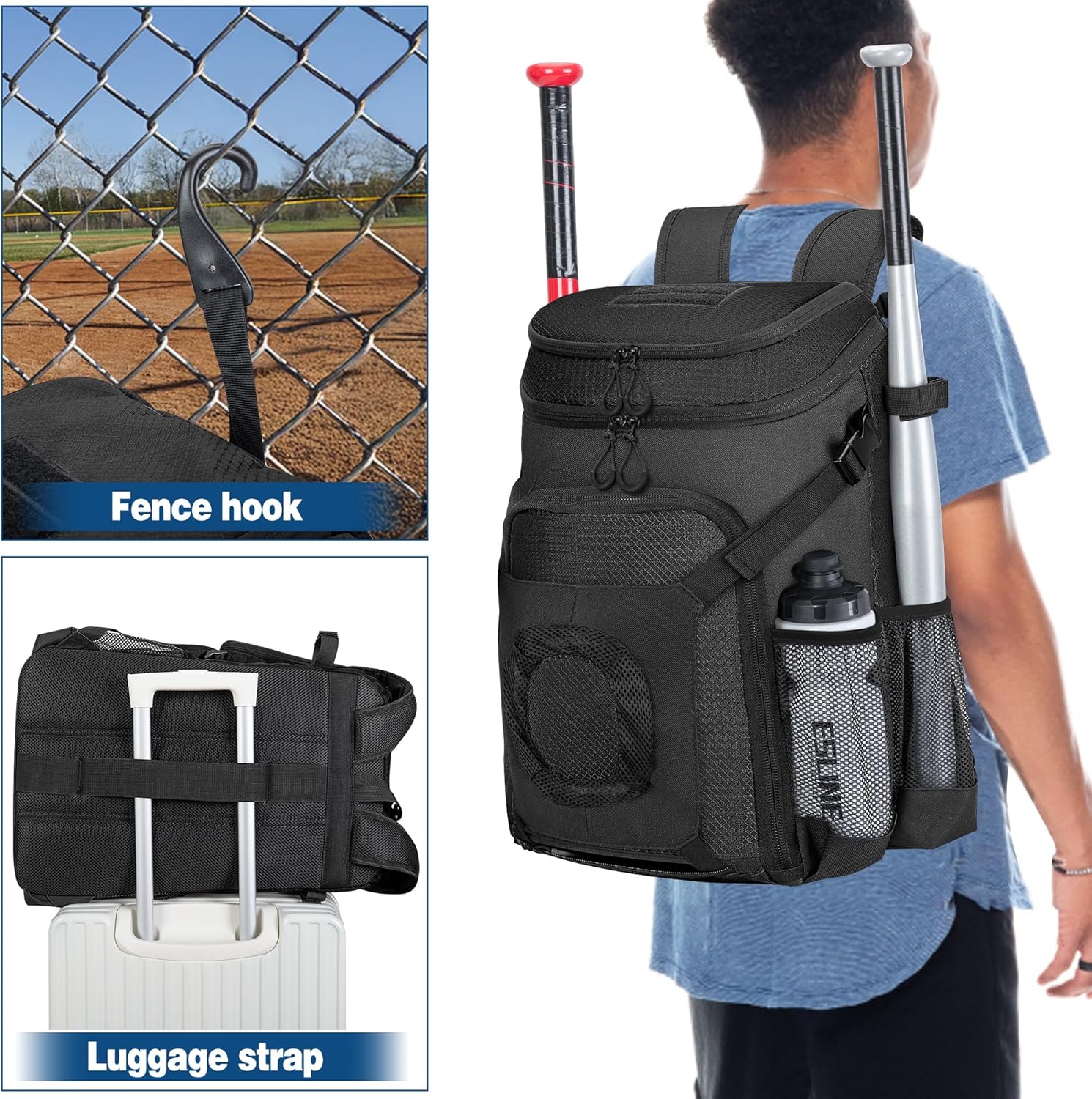 Baseball Bag for Adult and Youth, Baseball Backpack Softball Bag with Helmet Holder, Shoe Compartment and Fence Hook