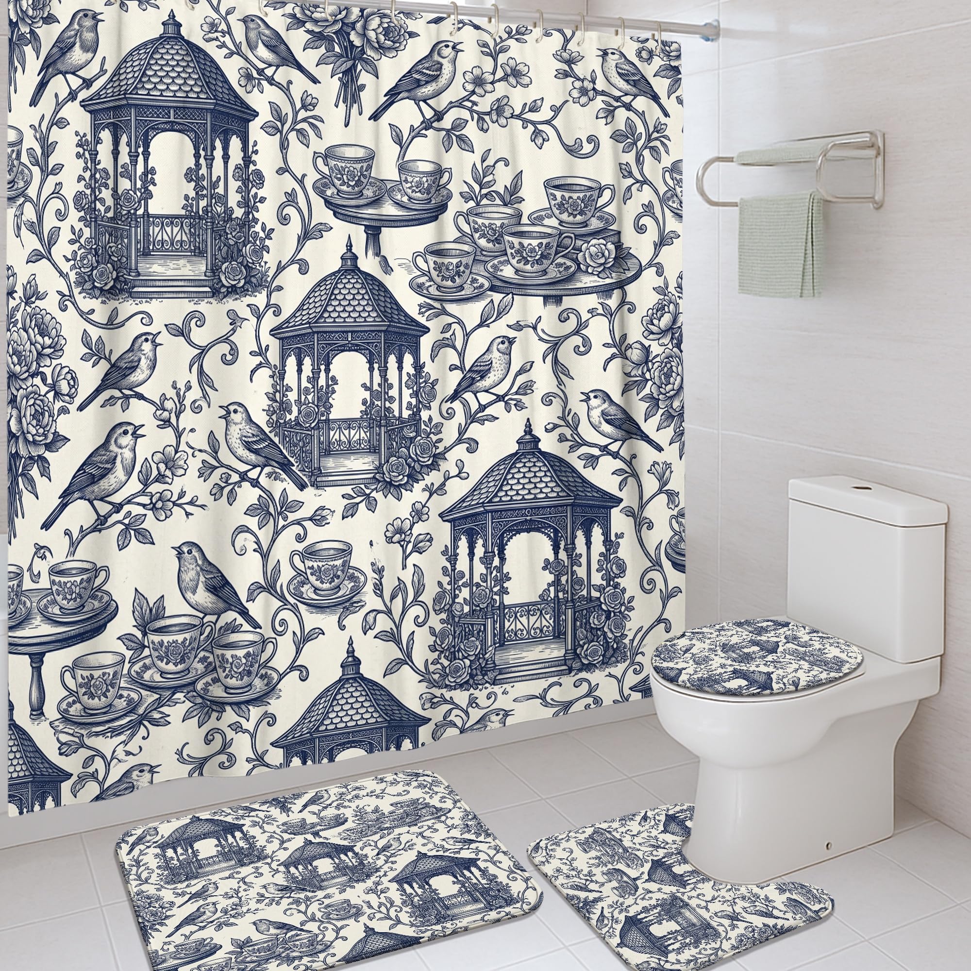 Rideau de douche bleu marine vintage et tapis pour appartement cosy 183x183 cm