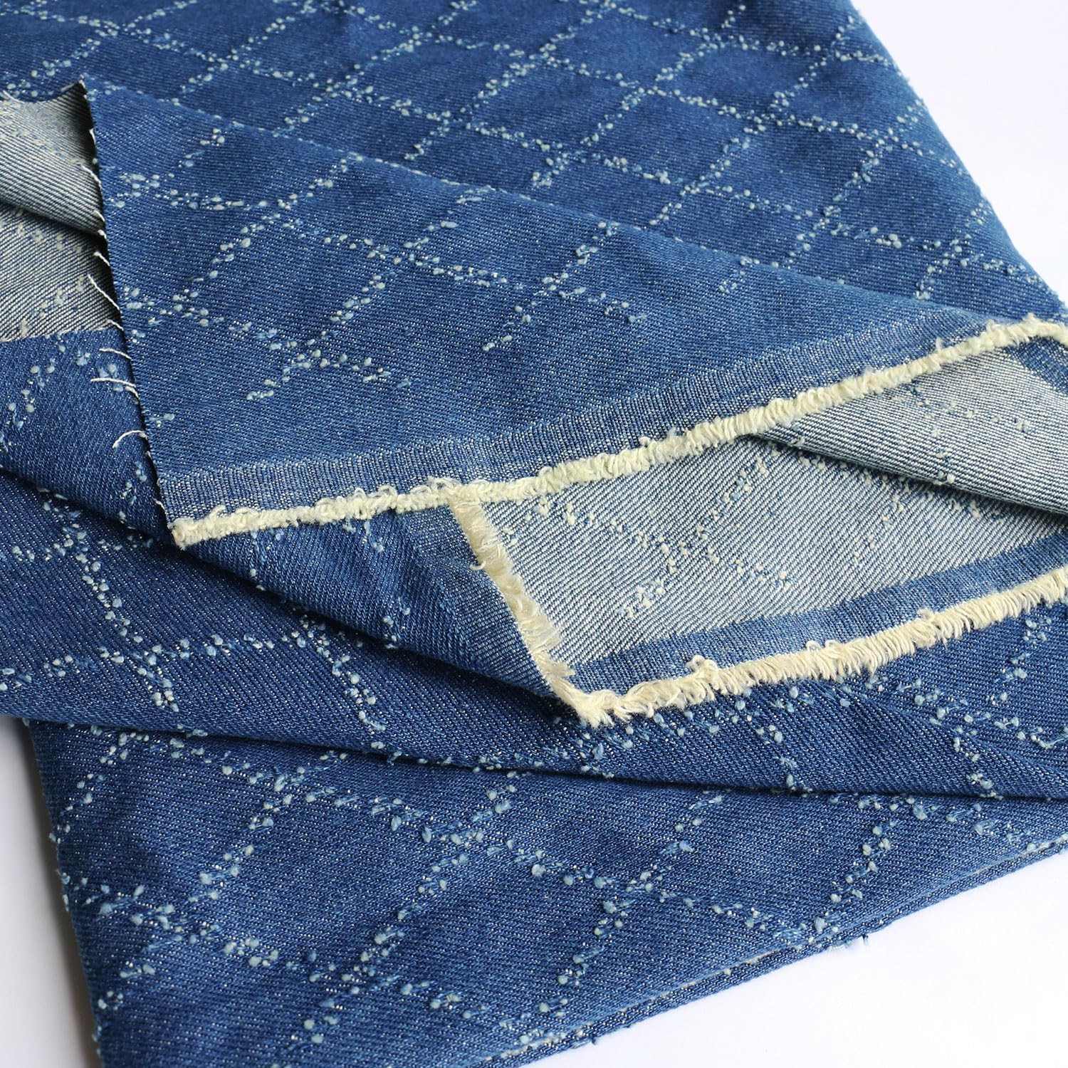 12oz Sky Blue Washed Denim Fabric, Non-Stretch Denim Material, Jacquard Geometric Check Prism Pattern, 420gsm 100% Cotton, 70 Inches Wide, Sewing Fabric for Jeans Jackets Cr (2 Yard pre Cut)