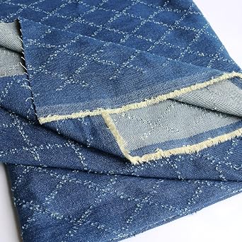 12oz Sky Blue Washed Denim Fabric, Non-Stretch Denim Material, Jacquard Geometric Check Prism Pattern, 420gsm 100% Cotton, 70 Inches Wide, Sewing Fabric for Jeans Jackets Cr 2 Yard pre Cut