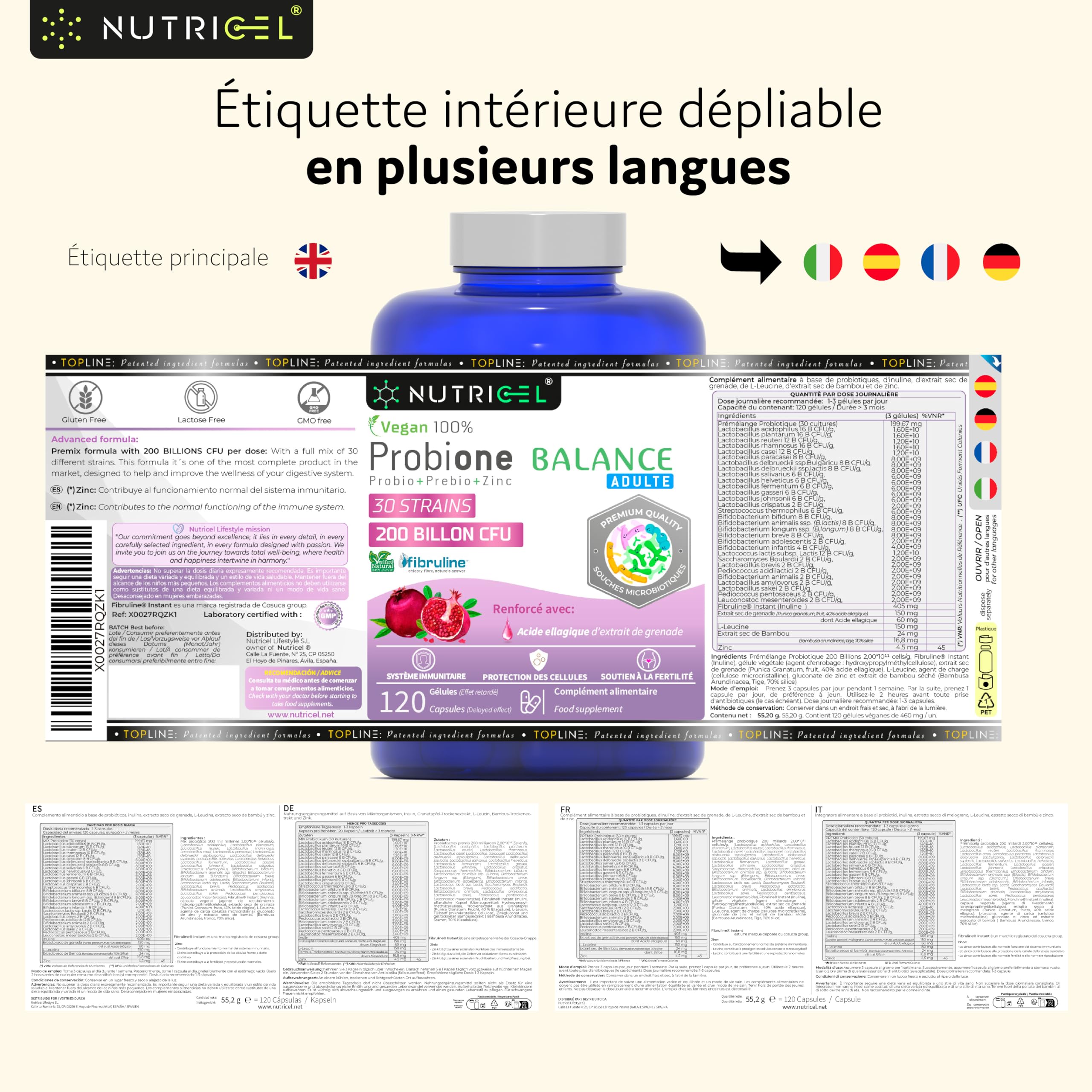 Probiotique flore intestinale - 200 Milliards UFC/Jour - 30 souches bactériennes, 120 Gélules Gastro-résistantes. Probiotiques et prebiotique avec Zinc, Inuline et Extrait de Grenade. 100% Végan