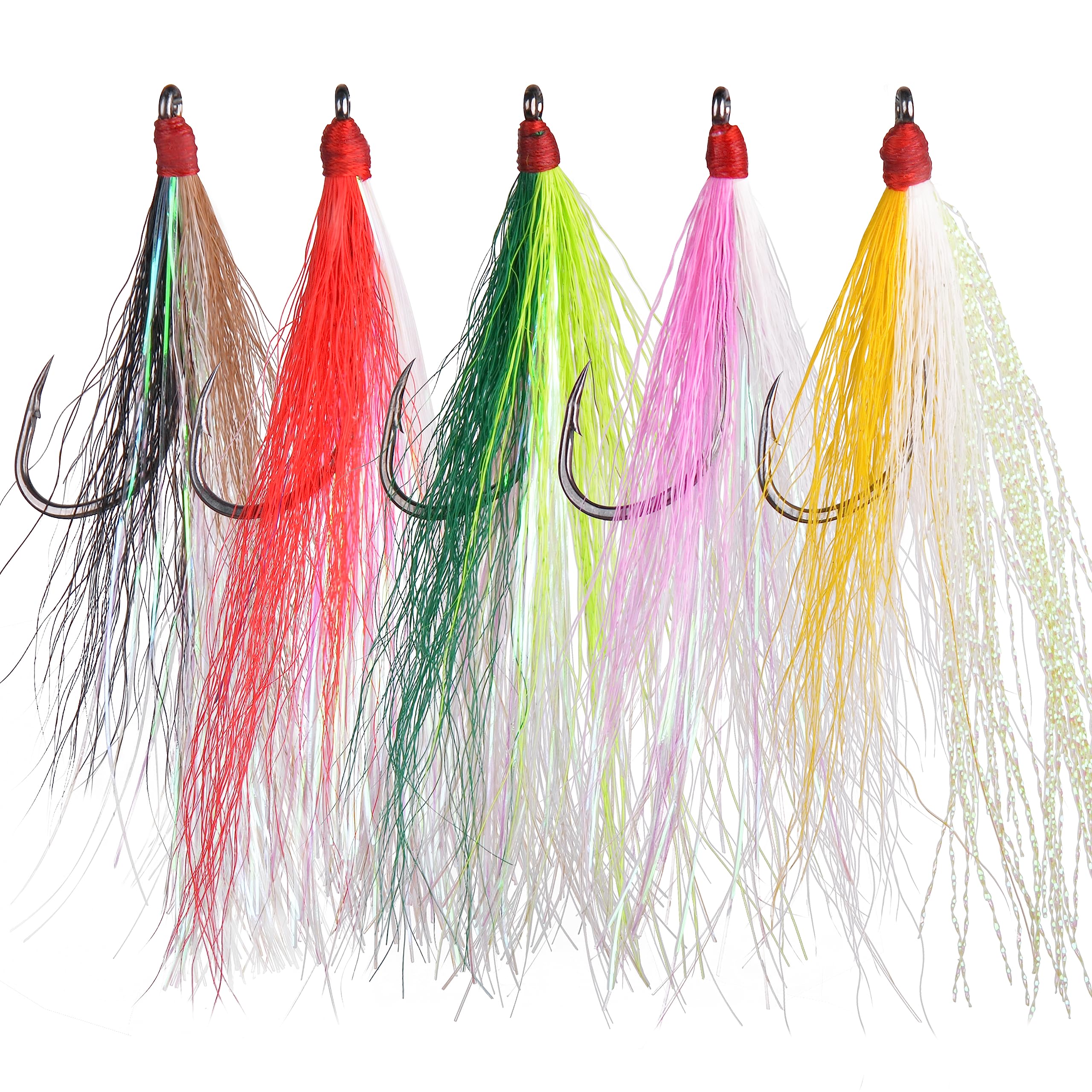 Fishing Bucktail Teaser Hooks,5pcs Saltwater Fishing Jig Teaser Lures with Carbon Steel Hooks Crystal Flash Flounder Rigs for Salmon Trout Sea Bass Steelhead