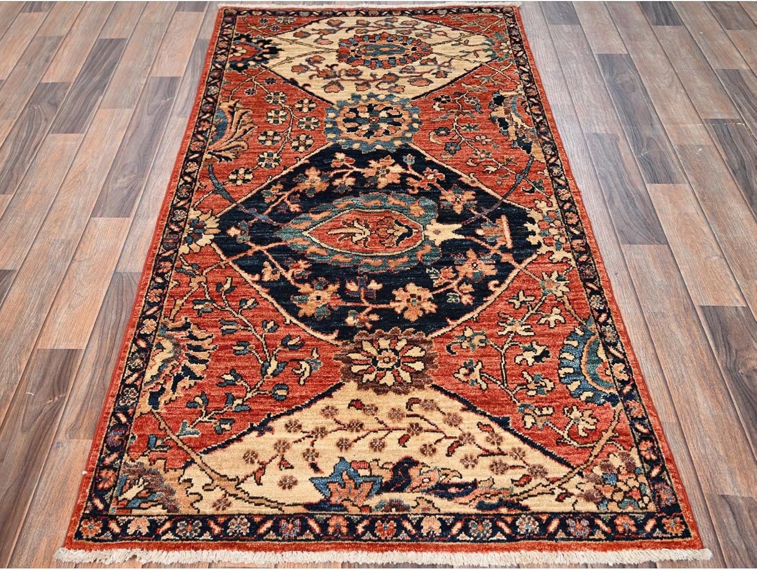 Hand Knotted Oriental Runner Rug, Orange Antiqued Design, All Wool, 3'x5'10