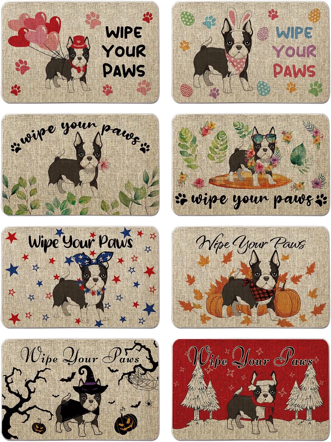 Dog Seasonal Door Mat 8 Pcs Boston Terrier Decorative Christmas Mother Day Welcome Doormats Wipe Your Paws Entrance Rug Kitchen Floor Front Door Mat Gifts Farmhouse Home Decor 17 x 27 Inch