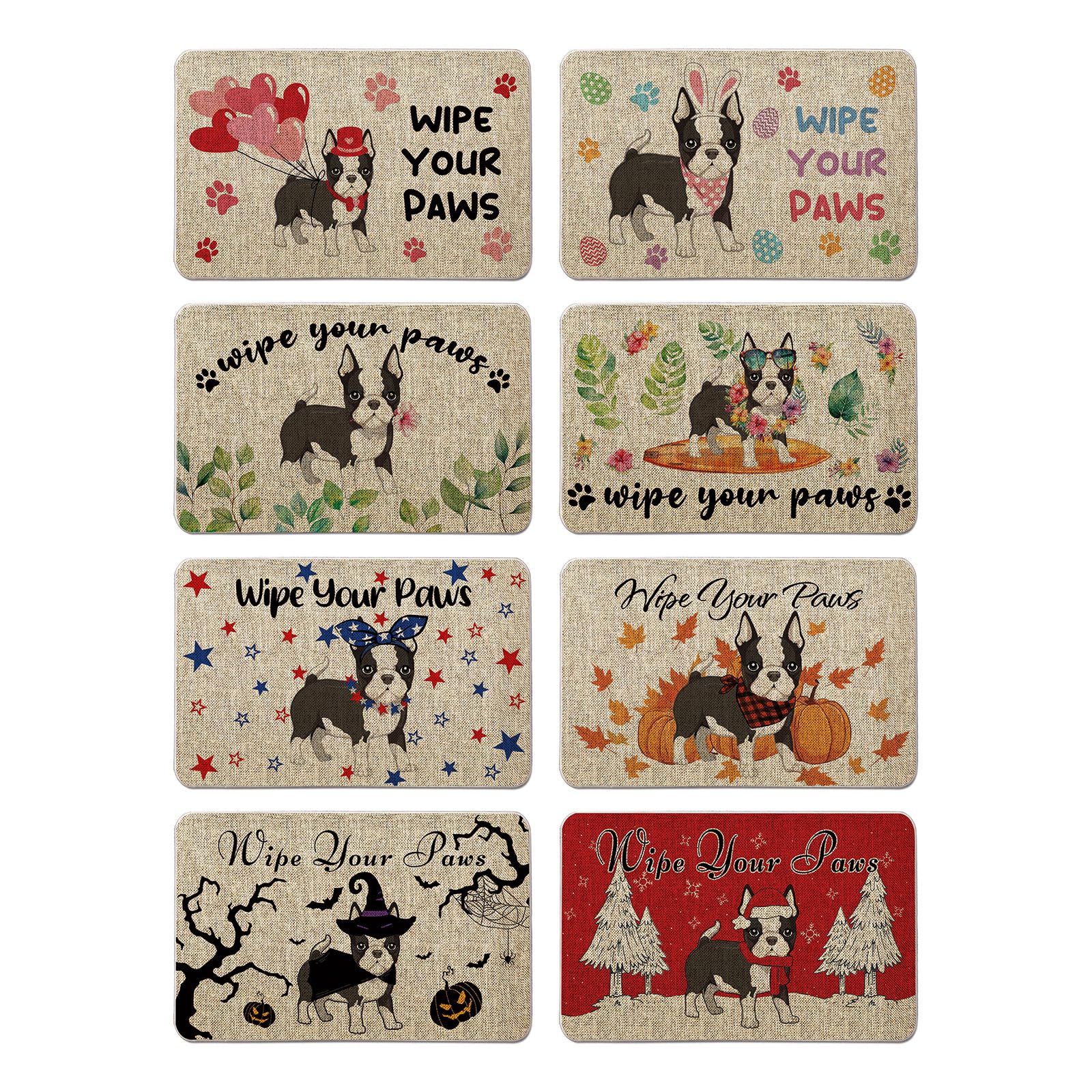 QIONG MENG Dog Seasonal Door Mat 8 Pcs Boston Terrier Decorative Christmas Mother Day Welcome Doormats Wipe Your Paws Entrance Rug Kitchen Floor Front