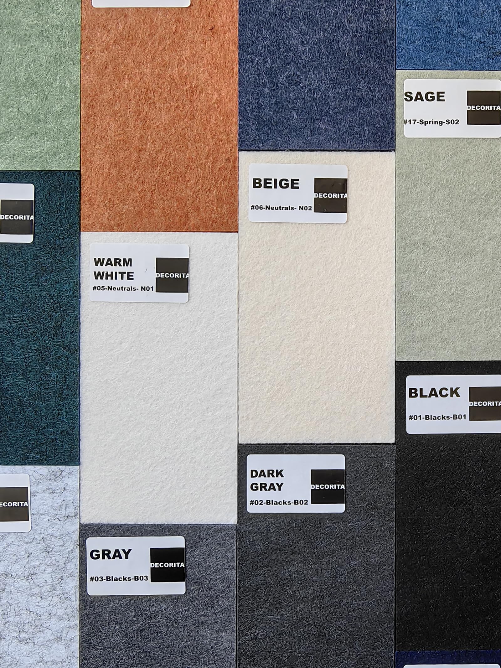 DECORITA Felt Wall Tiles Samples - 24 Colors - 5.9x3.15 Inch - Color Samples Tiles - Home Office Wall Decor - DIY Wall Art - Felt Board